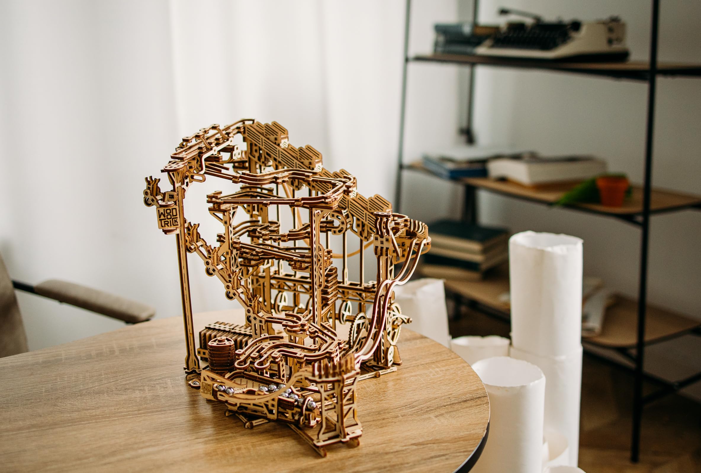 Wooden Marble Run Spiral Electric Motorized 3D Puzzle Kit - DIY Roller Coaster Mechanical Model for Adults & Teens (13x13) - Fun STEM Building Toy for Family Game Night & Educational Play