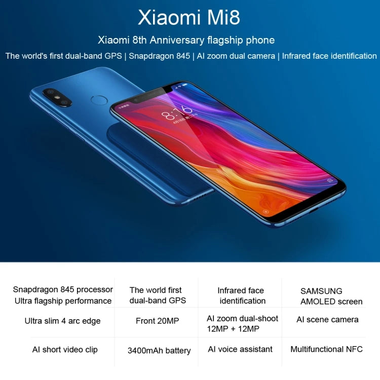 Xiaomi Mi 8 Smartphone - 6GB RAM 64GB Storage, Snapdragon 845 Octa-Core Processor, 6.21