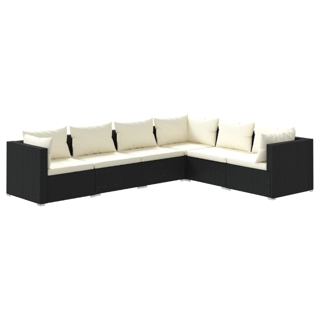 6-Piece vidaXL Patio Lounge Set - Outdoor Garden Furniture with Cushions, Black Poly Rattan Sectional Sofa for Backyard, Poolside & Patio Relaxation