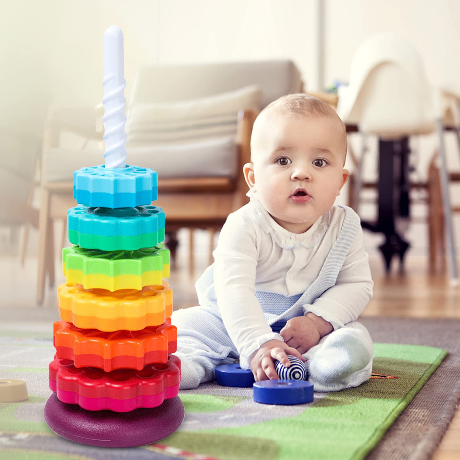 Ailopta Rainbow Spinning Stacking Toy - Baby Sensory Stacking Rings for Brain Development & Fine Motor Skills | Montessori Learning Toy for 1 Year Old Toddlers | Perfect for Playtime, Early Education & Sensory Exploration
