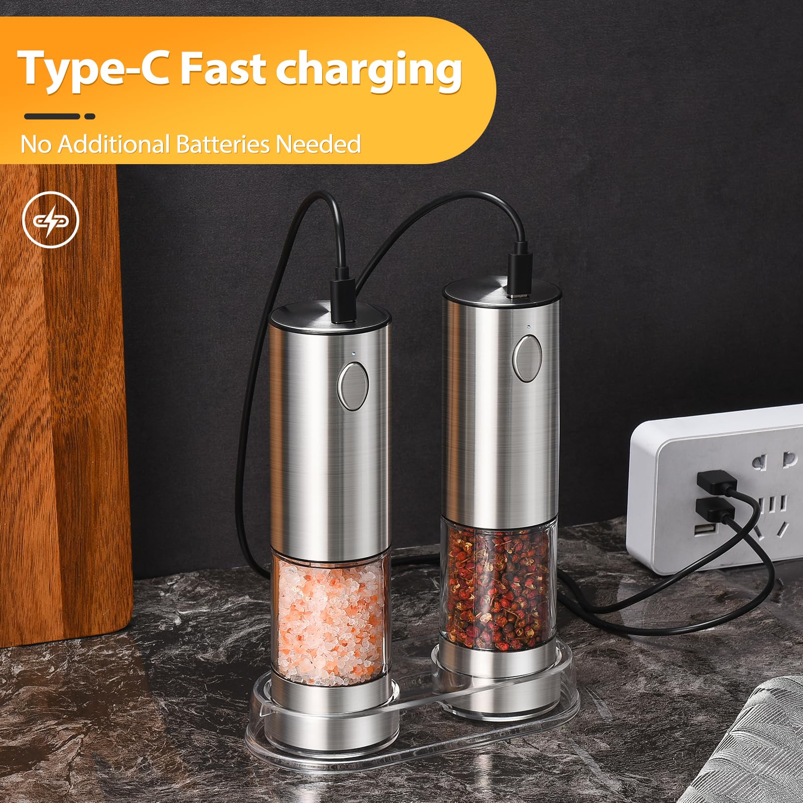 Upgraded Rechargeable Electric Salt and Pepper Grinder Set - 2 Pack Stainless Steel Mills with LED Light, Adjustable Coarseness & One-Hand Operation - Large Capacity Spice Grinders with Storage Base - Perfect for Kitchen, Dining Table, Camping & Gifts (Silver)