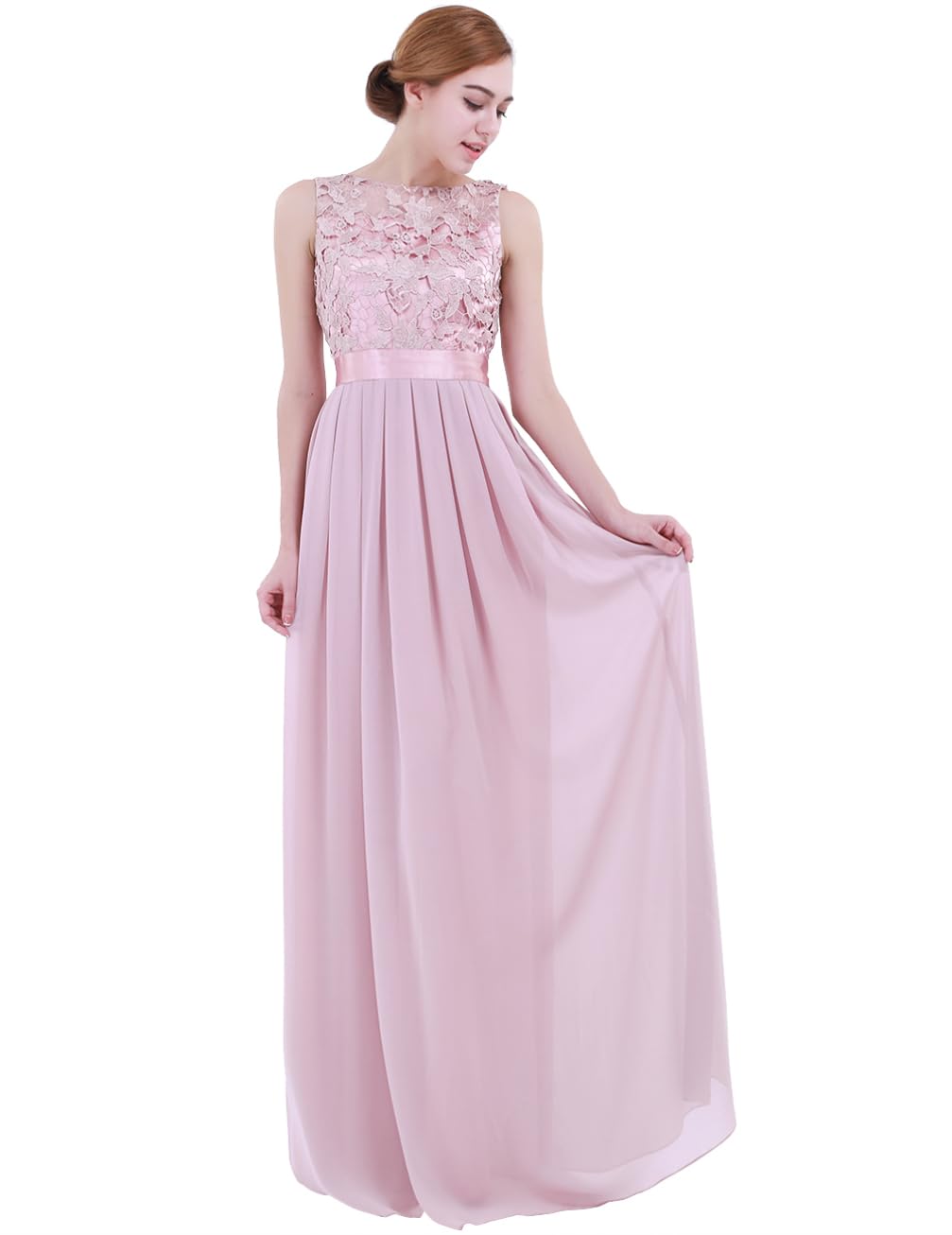 Elegant Sleeveless Chiffon Bridesmaid Dress with Lace Detail - Women's Formal Long Evening Gown for Wedding, Party & Special Occasions