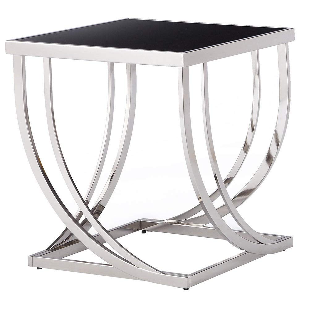 Modern Steel Arch Curved Sculptural End Table - Bold Black Glam Urban Square Chrome Metal Nickel Brushed with Hardware - Perfect for Living Room, Bedroom, or Office Decor