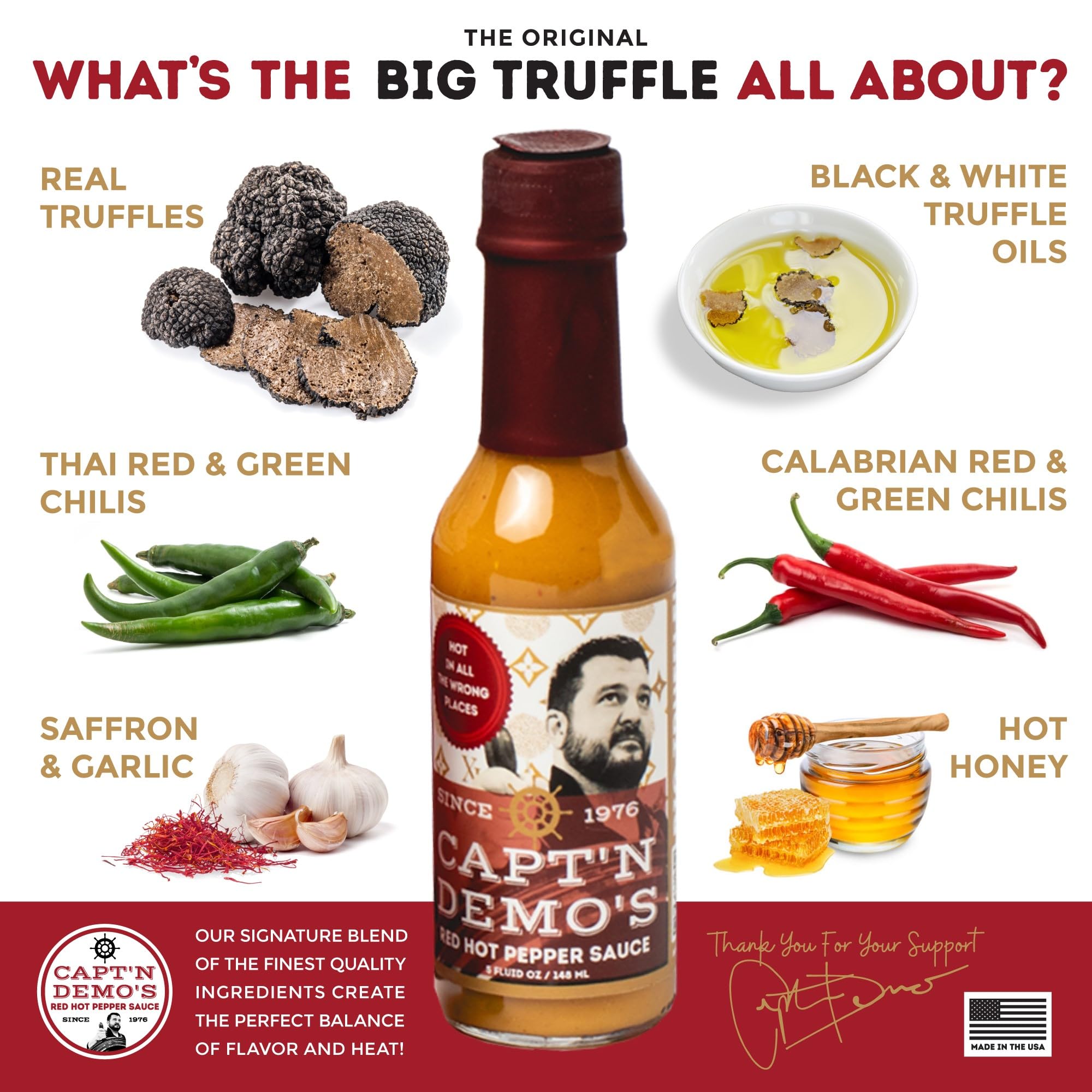 CAPTAIN DEMO's Premium Truffle Hot Sauce with Black & White Truffles - Gourmet Spicy Sauce with Garlic & Hot Honey - Includes Free Travel Bottle (1 Pack) - Perfect for Pizza, Wings, Burgers & Gifts