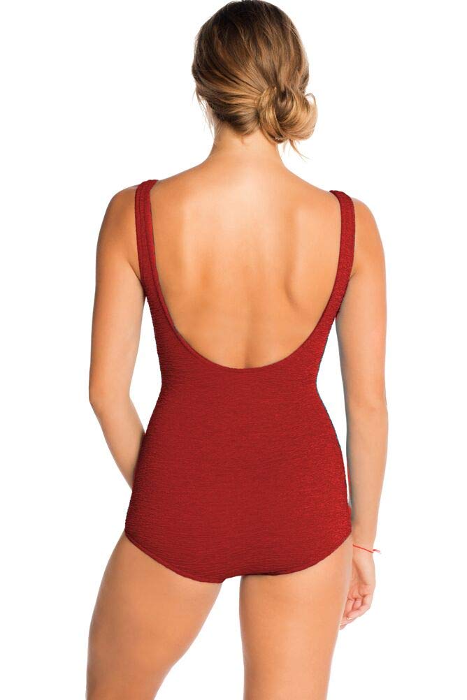 Krinkle Chlorine Resistant Brick Red Mastectomy Scoop Neck Sheath One Piece Swimsuit for Women - Perfect for Swimming, Beach Vacations & Post-Surgery Comfort