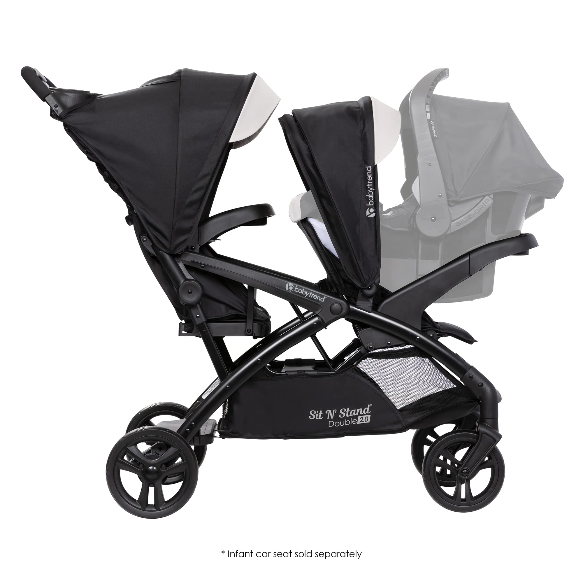 Baby Trend Sit N' Stand Tandem Double Stroller 2.0 DLX - 5-Point Safety Harness, Adjustable Canopy, Large Storage Basket & Cup Holders - Modern Khaki - Perfect for Twins, Siblings or Infant & Toddler Duo - Ideal for Shopping, Travel & Daily Walks
