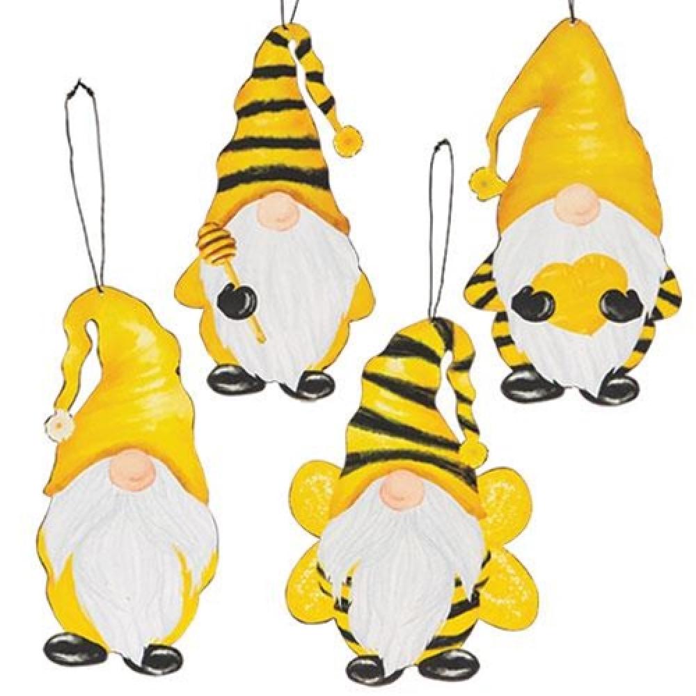 Gnome Bee Metal Ornament Set of 4 - Rustic Garden Decor for Outdoor & Indoor Use - Perfect for Patio, Yard, Home, and Gift Giving