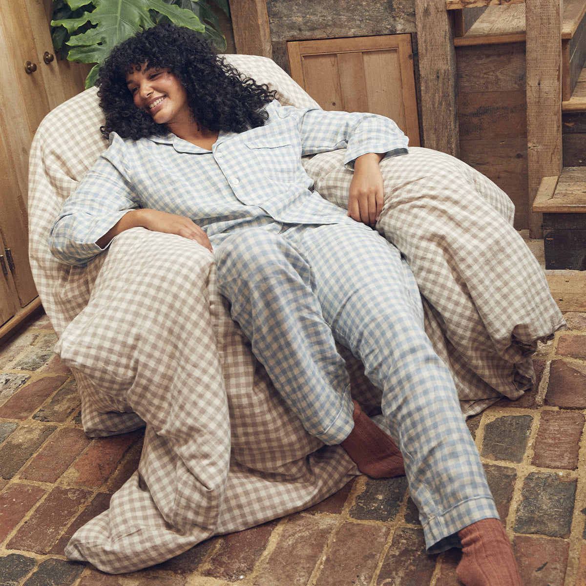 Cozy Blue Gingham Linen Pajama Set for Women - Soft & Breathable Sleepwear - Perfect for Relaxing at Home, Lounging & Bedtime Comfort