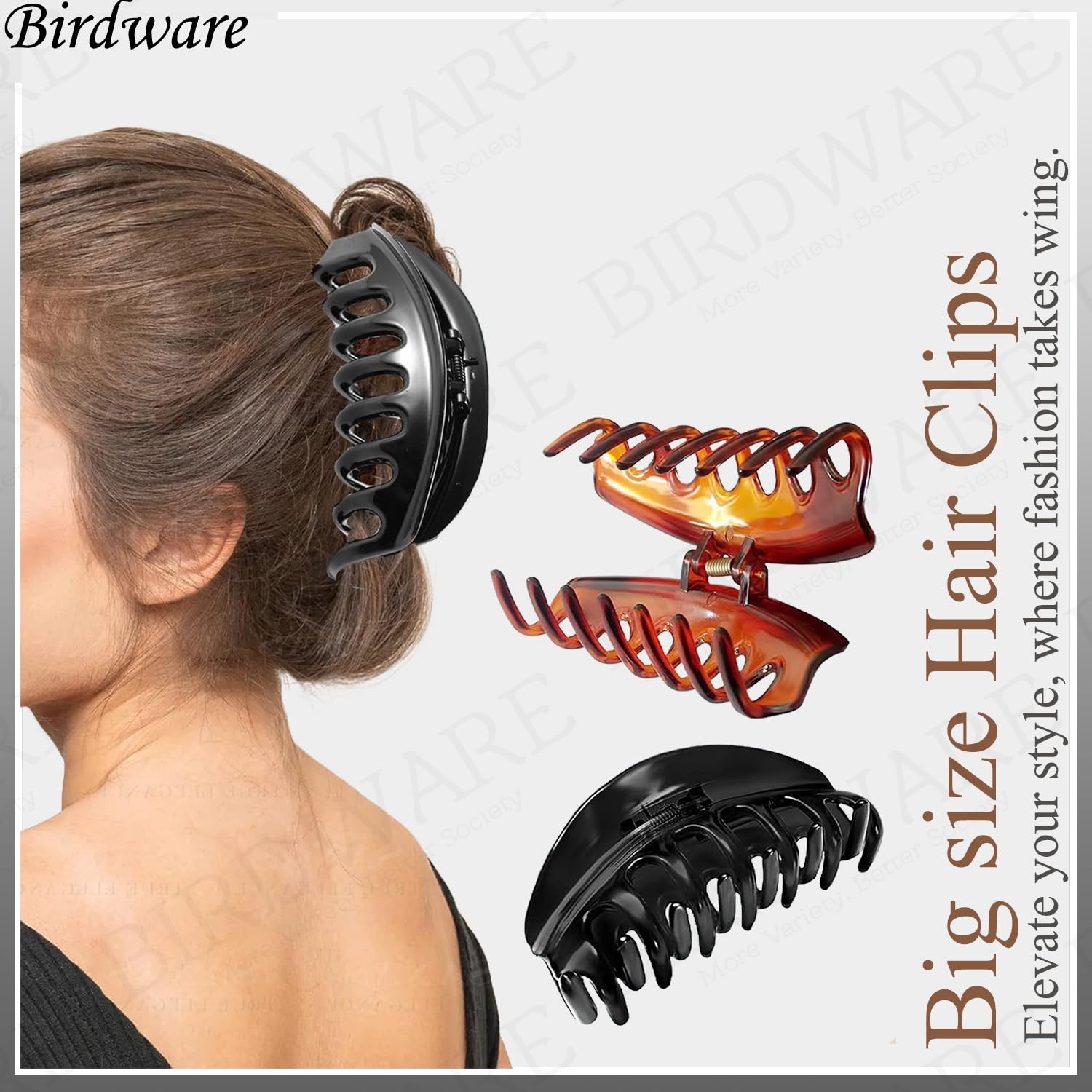 BIRDWARE Large Acrylic Hair Claw Clips for Women & Girls - 3 Pack Multi Color Stone Butterfly Hair Clips - Strong Hold Hair Accessories for Ponytail, Bun & Updo Hairstyles