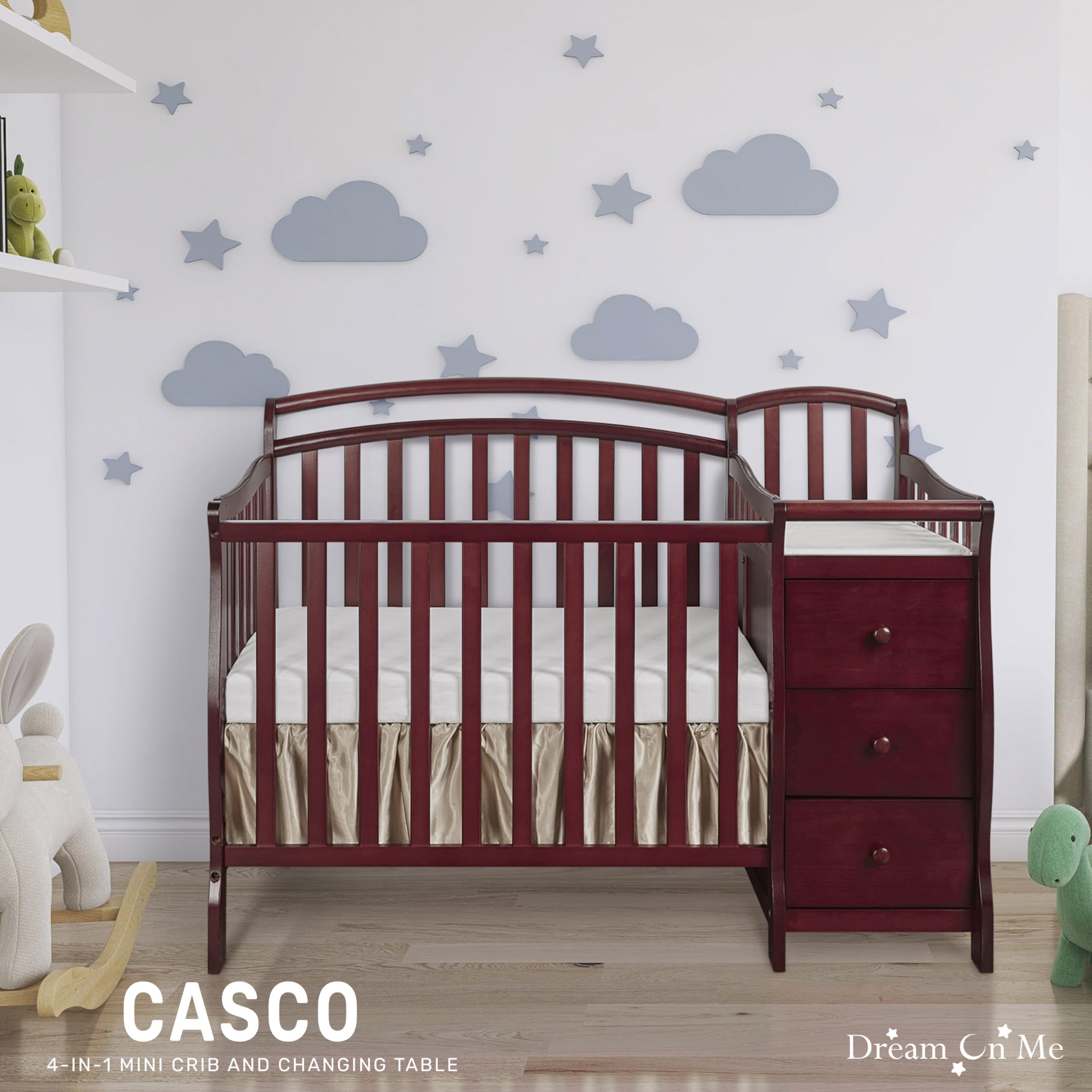 Dream On Me Casco 3-in-1 Convertible Mini Crib with Changing Table - Cherry Finish Pinewood Baby Crib with 3 Adjustable Mattress Heights | Nursery, Bedroom & Small Space Solution