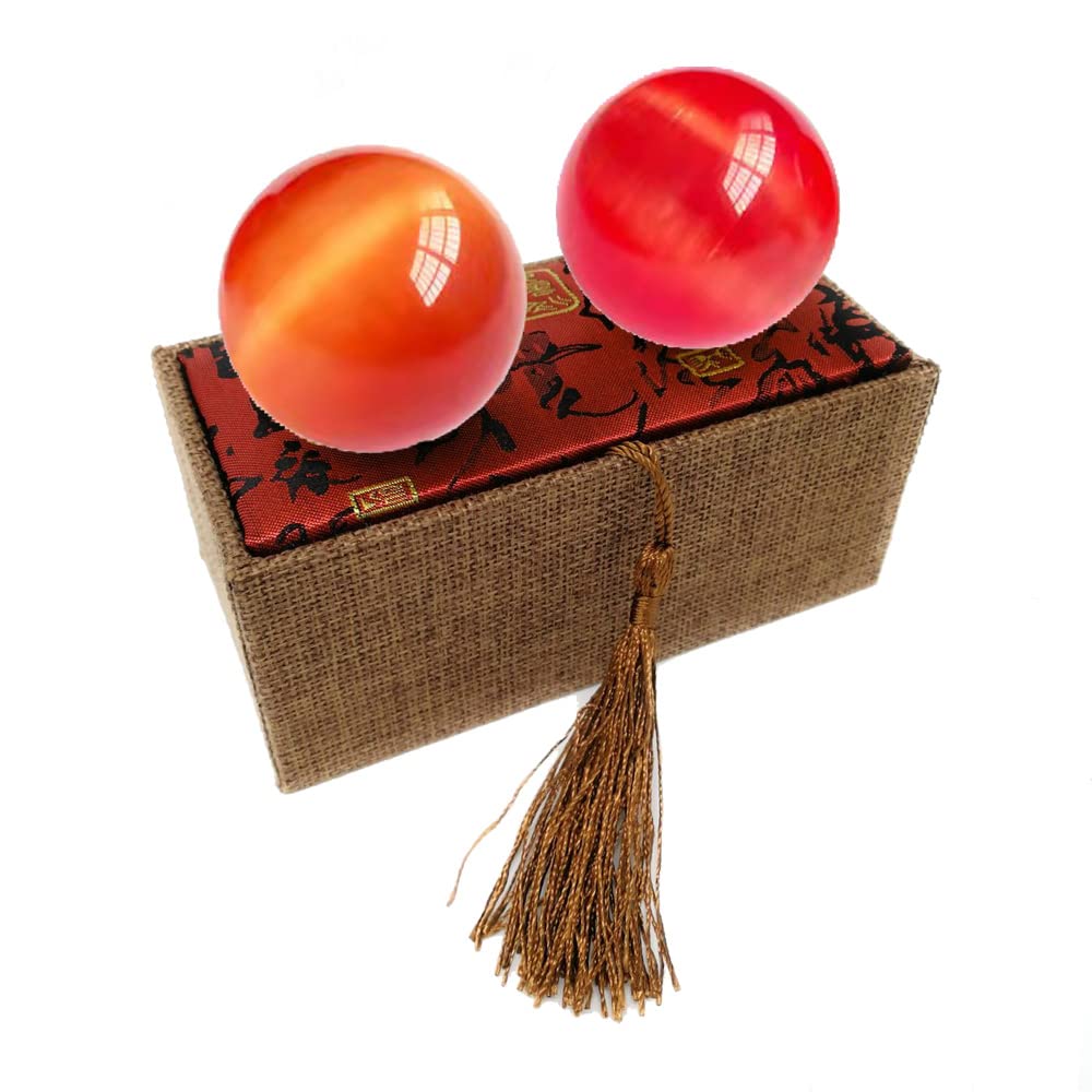 2 Inch Red Artificial Tiger Eye Crystal Baoding Balls - Stress Relief Hand Therapy Balls for Anxiety, Finger & Wrist Strengthening - Includes Carry Pouch & Gift Box - Perfect for Meditation, Office Stress Relief & Physical Therapy
