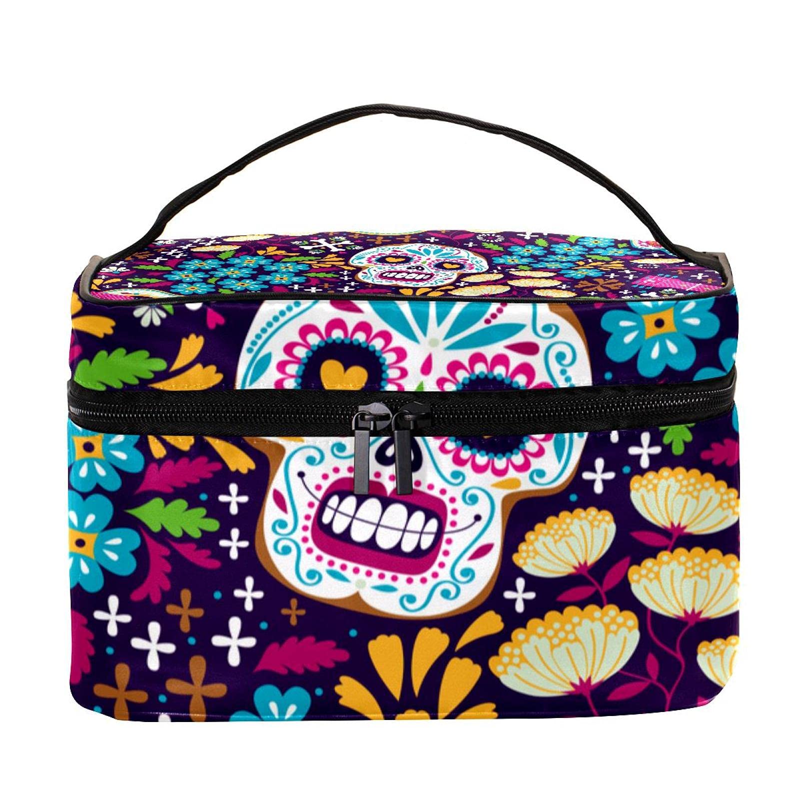 Sugar Skull Floral Guitar Pattern Travel Makeup Bag - Large Cosmetic Organizer with Zipper for Women & Girls - Perfect for Travel, Gym, and Daily Makeup Storage