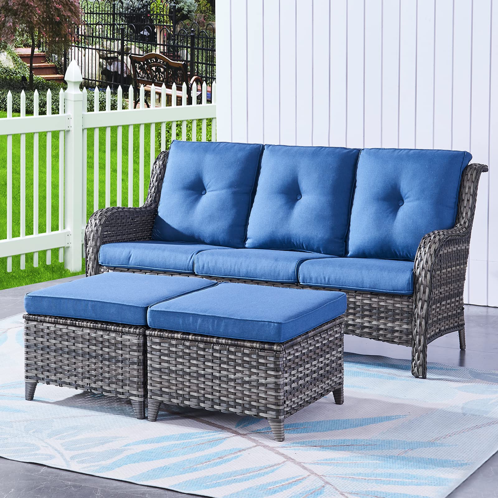 2-Piece Outdoor Wicker Ottoman Set with Thick Cushions - Grey/Blue Rattan Patio Footrests for Garden, Poolside & Deck Relaxation