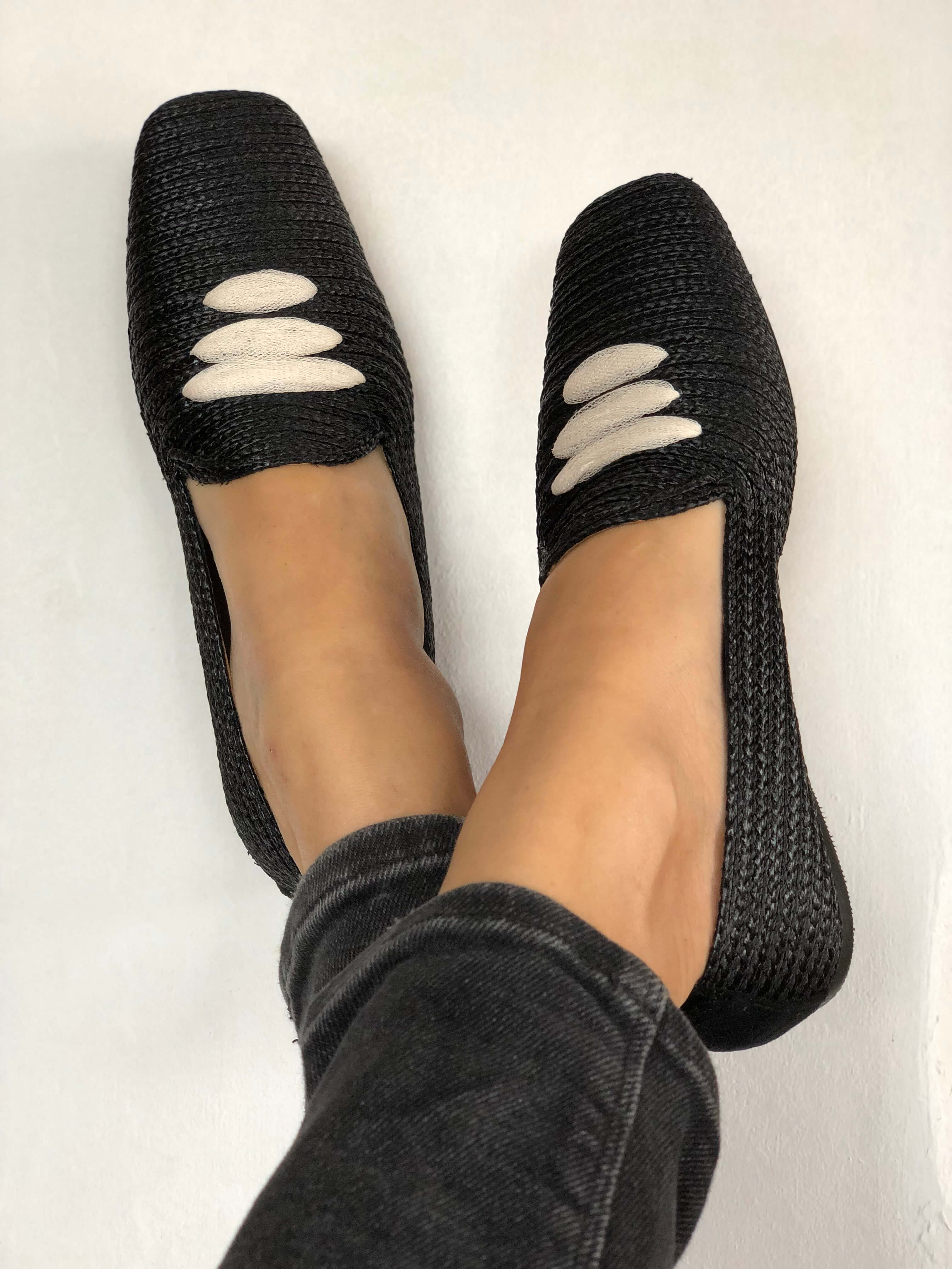 Casablanca Vegan Moccasins - Eco-Friendly Raffia Slip-On Shoes for Women | Black | Perfect for Beach, Summer & Casual Outings