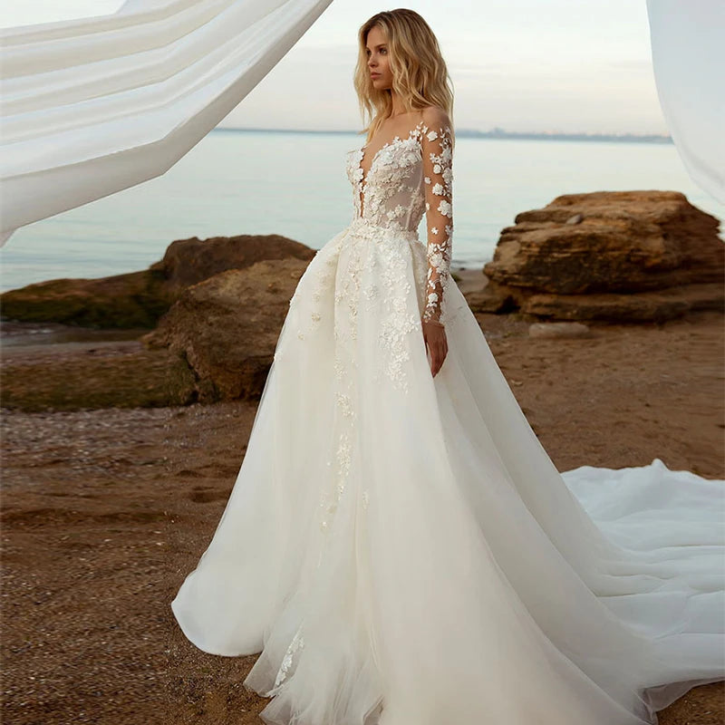 Elegant 2 in 1 Lace Mermaid Wedding Dress with Detachable Train - Perfect for Beach, Church, and Formal Bridal Ceremonies