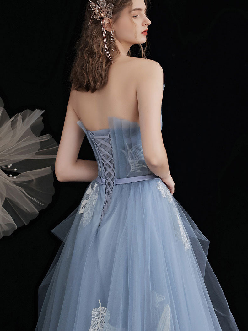 Elegant Blue Tulle Lace Tea-Length Prom Dress with Floral Appliques - Perfect for Homecoming, Formal Dances & Special Occasions