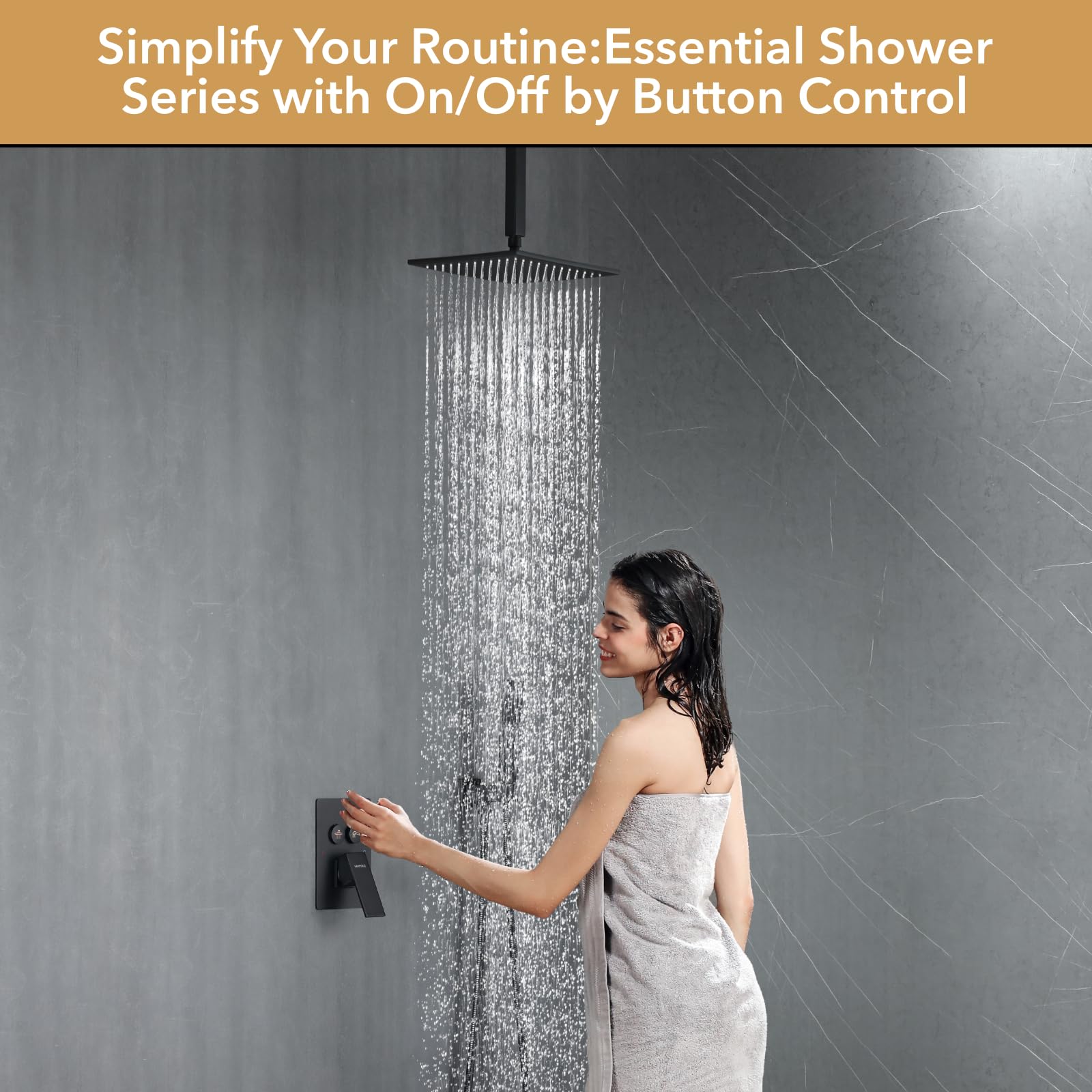 VANFOXLE Matte Black Shower Faucet Set - Ceiling Mounted Push Button Diverter with 2-in-1 Handheld Shower & 10 Inch Rainfall Shower Head - Complete Bathroom Shower System for Modern Home & Spa Experience