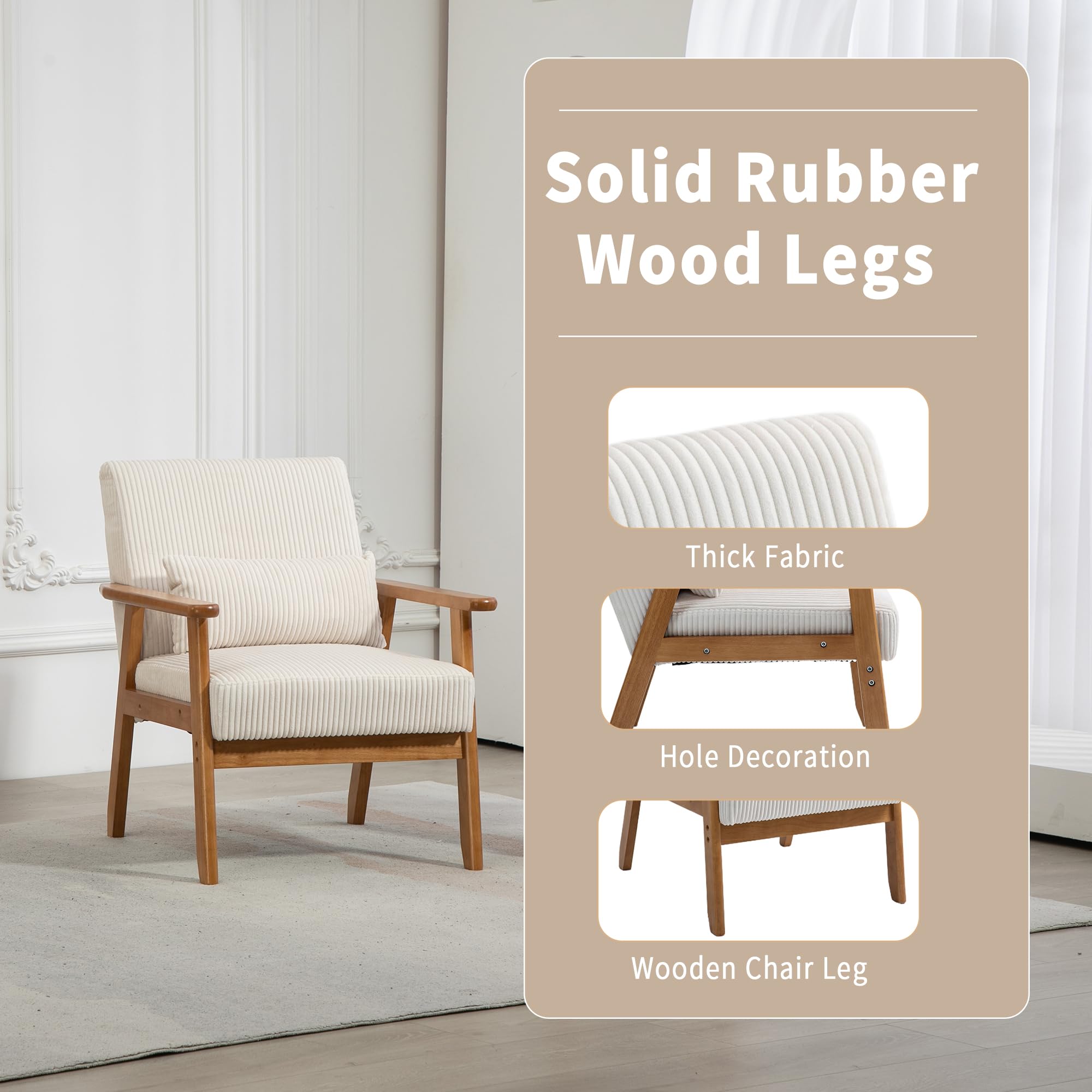 Modern Accent Chair Set of 2 - Wooden Legs & Wide Armrest Corduroy Lounge Chairs with Lumbar Support Pillow - Beige Living Room, Bedroom, Office & Balcony Seating for Relaxation & Stylish Home Decor