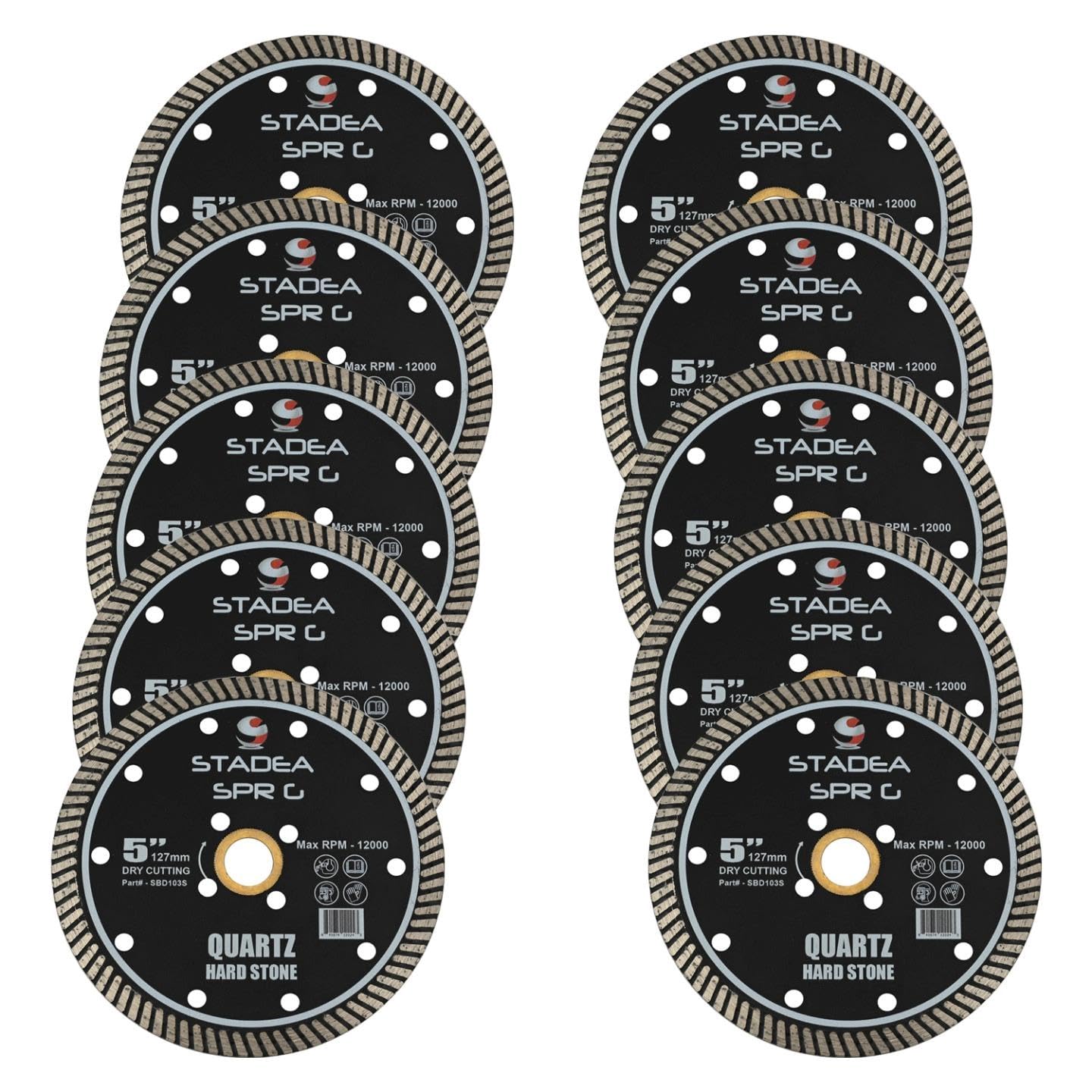 Stadea SBD123S 5-Inch Diamond Saw Blade for Angle Grinder - Continuous Turbo Rim for Granite, Hard Stone Dry Cutting - 8mm Segments (Pack of 10) - Perfect for Tile, Marble, and Concrete Cutting Projects