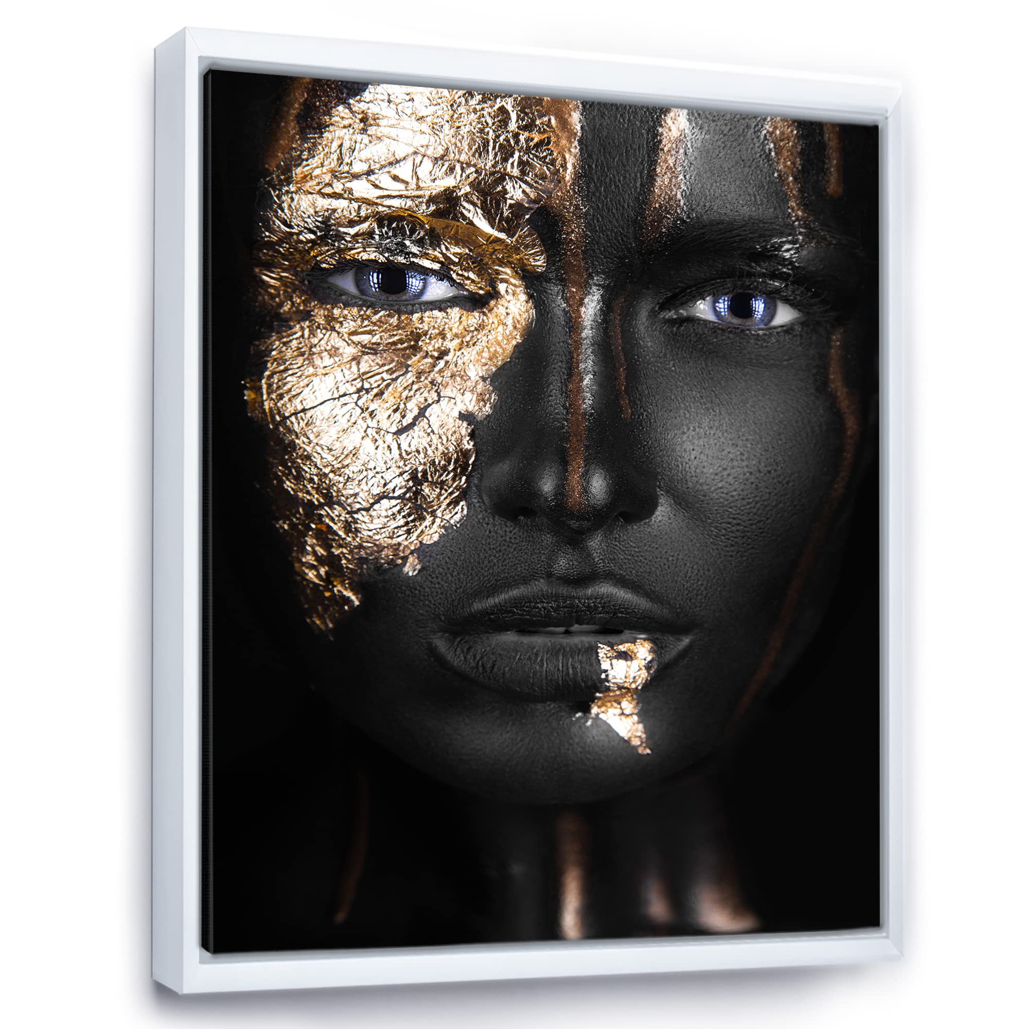 Portrait of African American Girl with Gold Makeup - Modern Framed Canvas Wall Art Print for Living Room, Bedroom & Office Decor