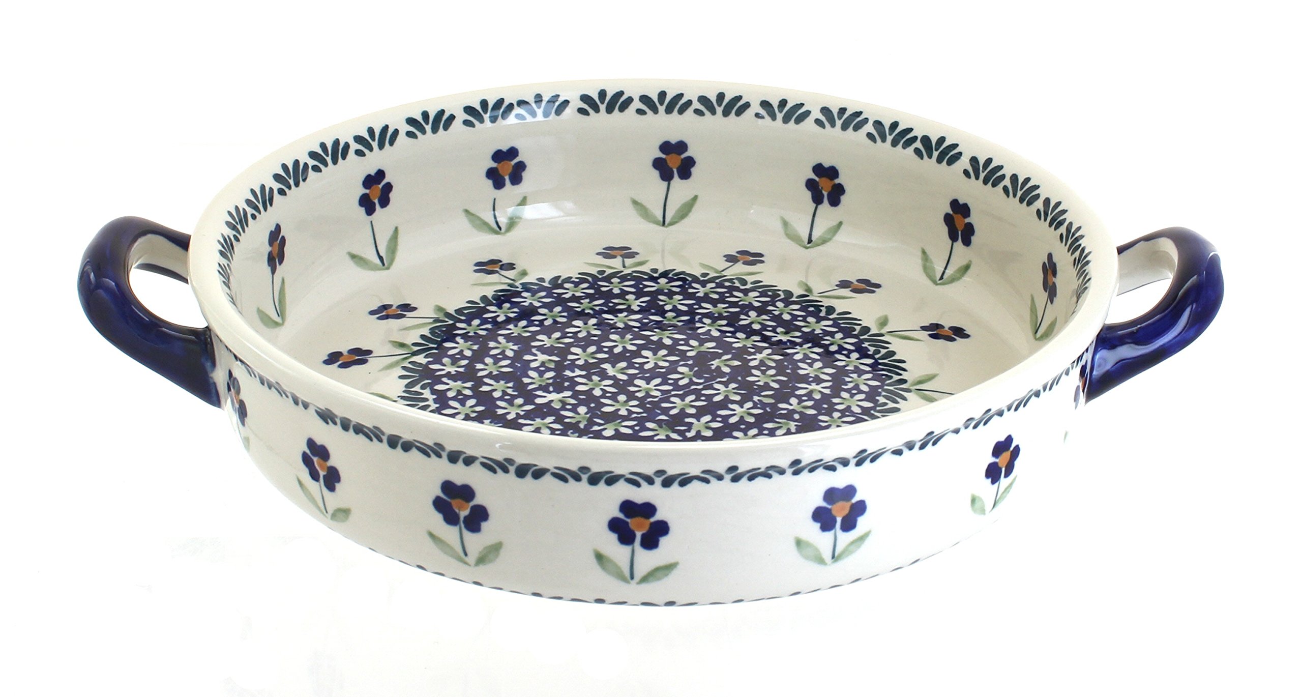 Handmade Blue Rose Polish Pottery Blue Daisy Small Round Baker with Handles - Perfect for Baking, Serving & Home Decor