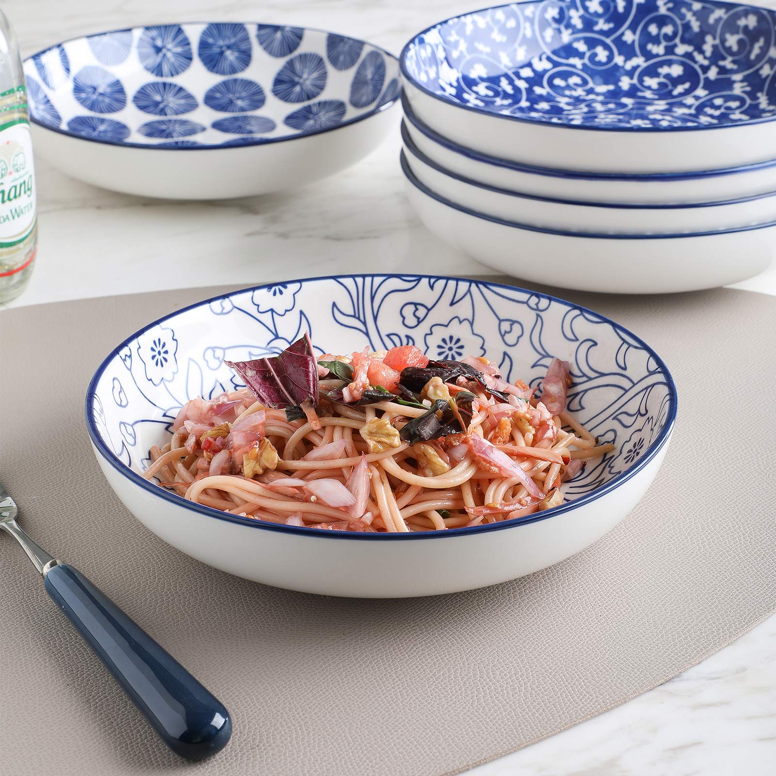 Selamica 26oz Porcelain Salad Pasta Bowls Set of 6 - Microwave & Dishwasher Safe, Stackable Serving Bowls in Vintage Blue - Perfect for Family Dinners, Parties & Restaurant Use