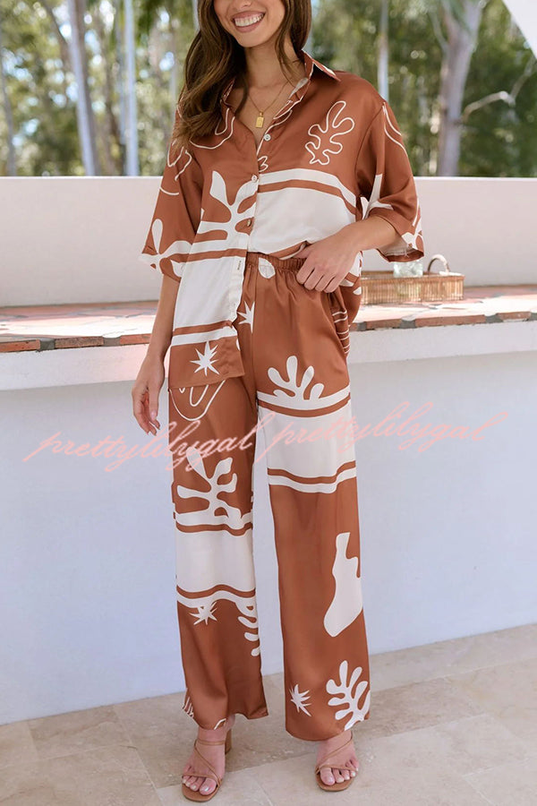 Stylish Color Block Print Button Up Shirt & Elastic Waist Pants Set for Women | Beach Outfit, Summer Vacation, Casual Wear