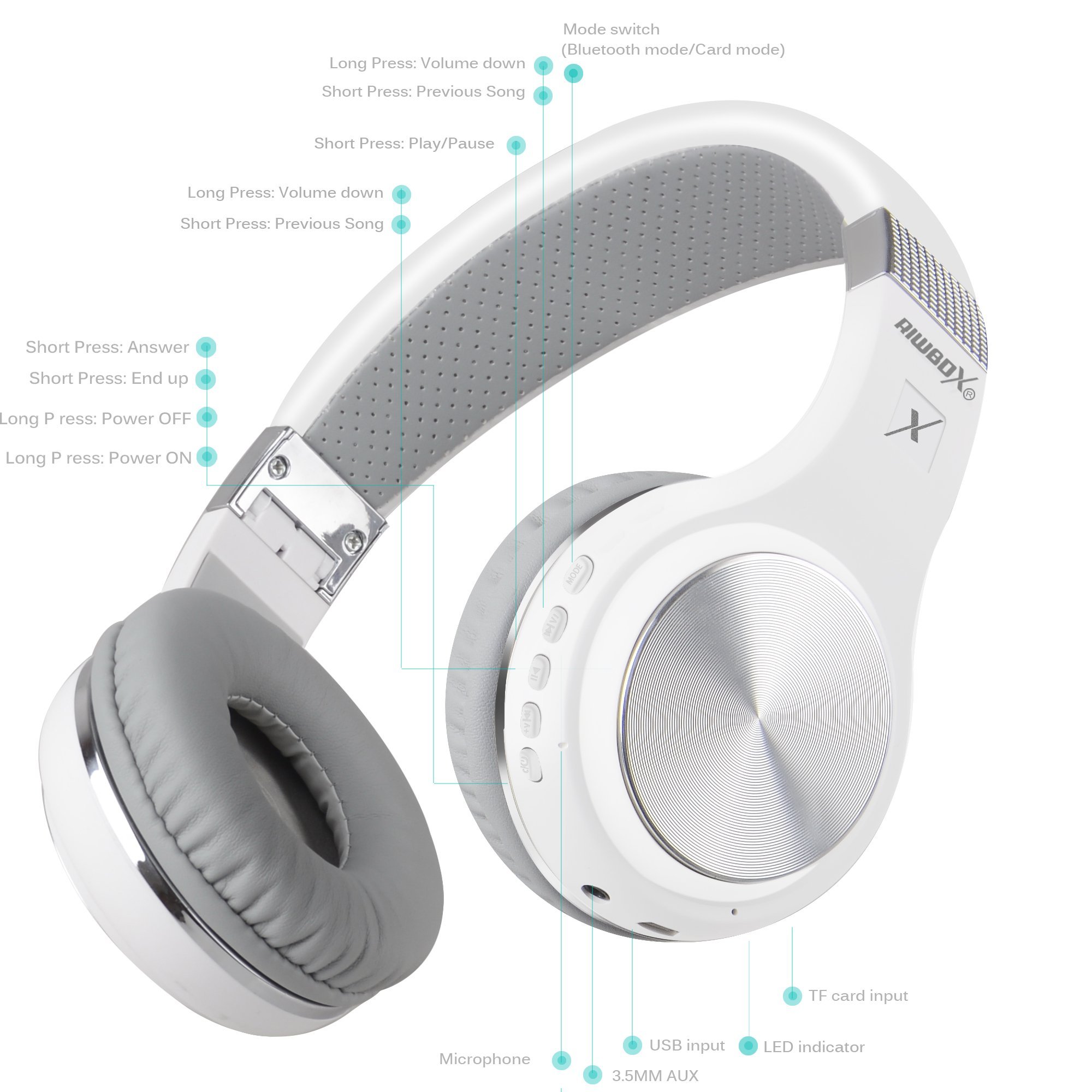Riwbox XBT-80 Wireless Bluetooth Headphones Over Ear with Microphone, Foldable Stereo Headset with Volume Control for PC/Phone/TV/iPad - Silver White | Perfect for Workouts, Gaming & Travel