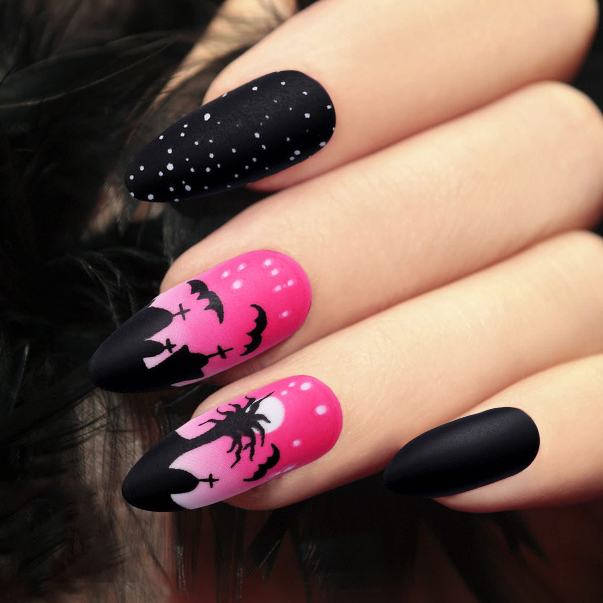 24pcs Halloween Coffin Fake Nails - Medium Length Full Cover Artificial Nails with Spooky Spider Design & 2g Glue for Nail Salon, DIY Nail Art - Perfect for Women's Halloween Party & Gothic Nail Decoration