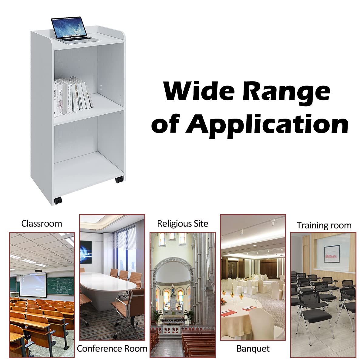 Portable Mobile Podium Stand with Wheels & Adjustable Shelf - White Hostess Stand for Church, Conference, Auditorium & Classroom | Perfect for Speeches, Presentations & Events