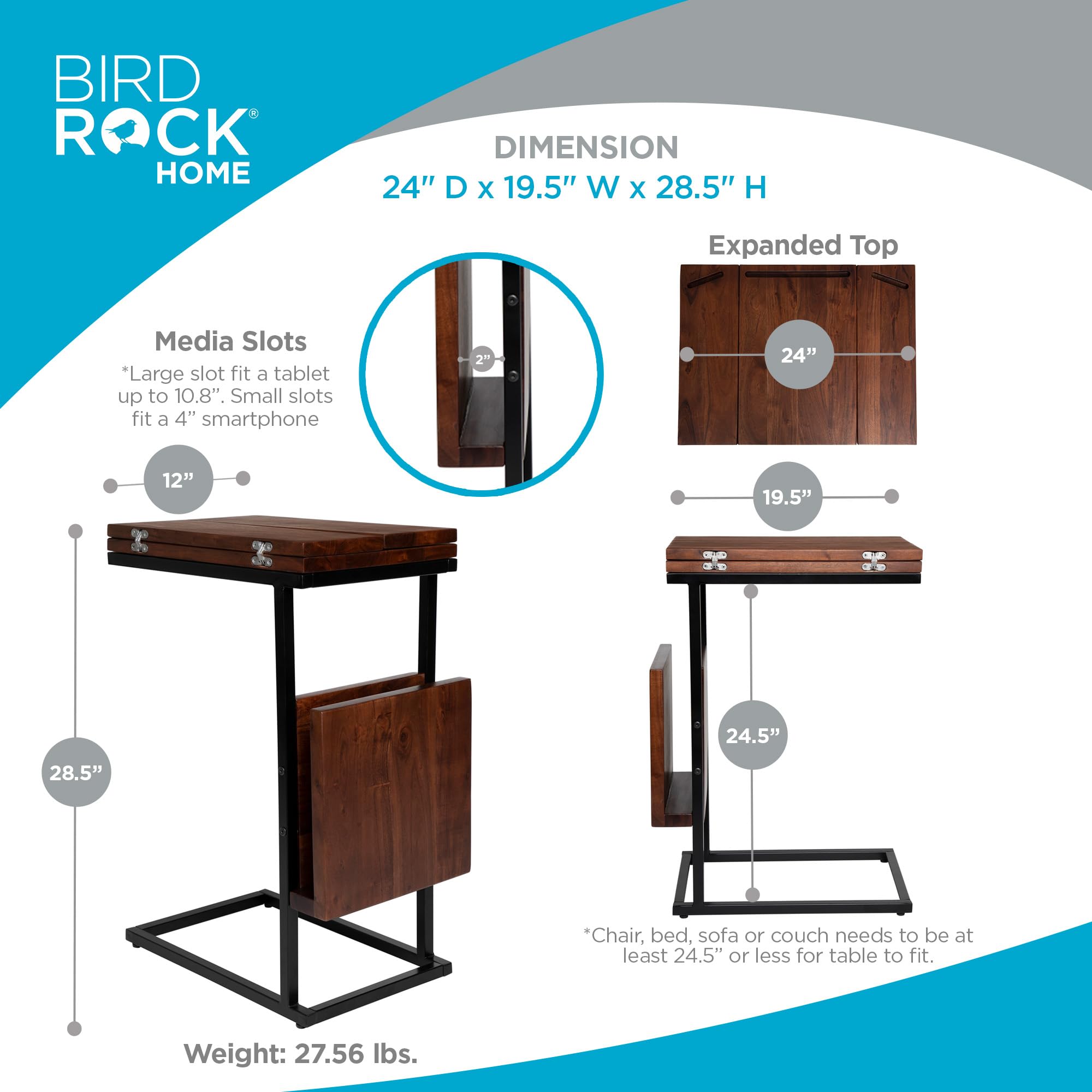 BIRDROCK HOME Acacia Wood Expandable C-Shaped Side Table with Phone & Tablet Holder - Laptop TV Tray Desk for Couch, Bed & Sofa - Snack End Table for Living Room & Office - Perfect for Reading, Working & Relaxing
