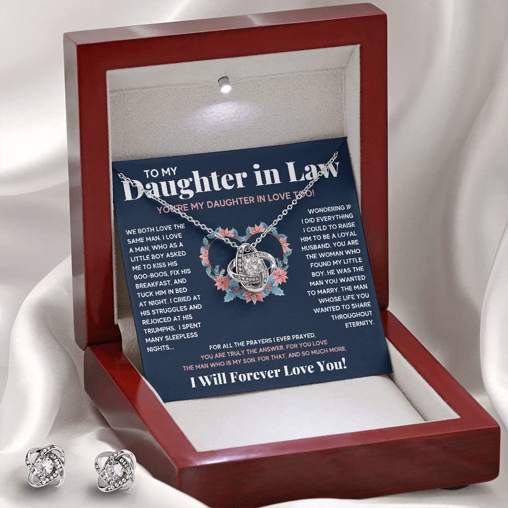 Beautiful 14k White Gold Heart Necklace for Daughter-in-Law - Thoughtful Mother-in-Law Gift with Message Card & LED Gift Box - Perfect Birthday, Wedding, or Anniversary Jewelry Present - Includes Matching Earrings for Special Occasions
