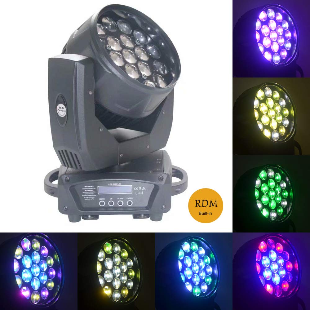 19x15W RGB LED Wash Lights with Zoom & Moving Head - 2 Pack Stage Lighting Kit with Flight Case for Concerts, DJ Shows & Theater Performances