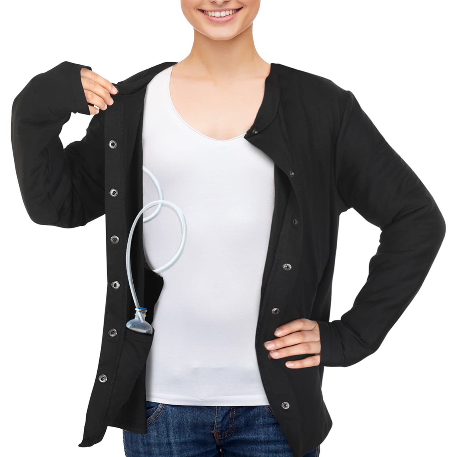 Jiuguva Women's Post Mastectomy Shirt with Drain Pockets - Comfortable Long Sleeve Surgical Shirt for Breast Cancer Recovery & Drainage Tubes Holder - Perfect for Hospital Stay & Home Recovery After Surgery
