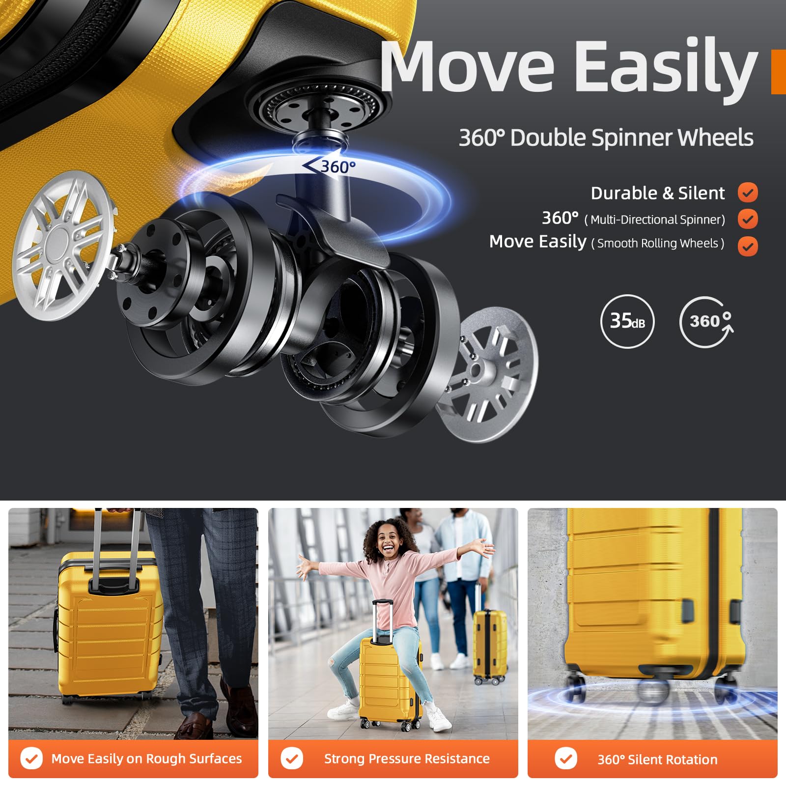 SHOWKOO Expandable 3-Piece Luggage Set - Durable PC+ABS Suitcase with Double Spinner Wheels & TSA Lock (Yellow) - Perfect for International Travel, Family Vacations & Business Trips