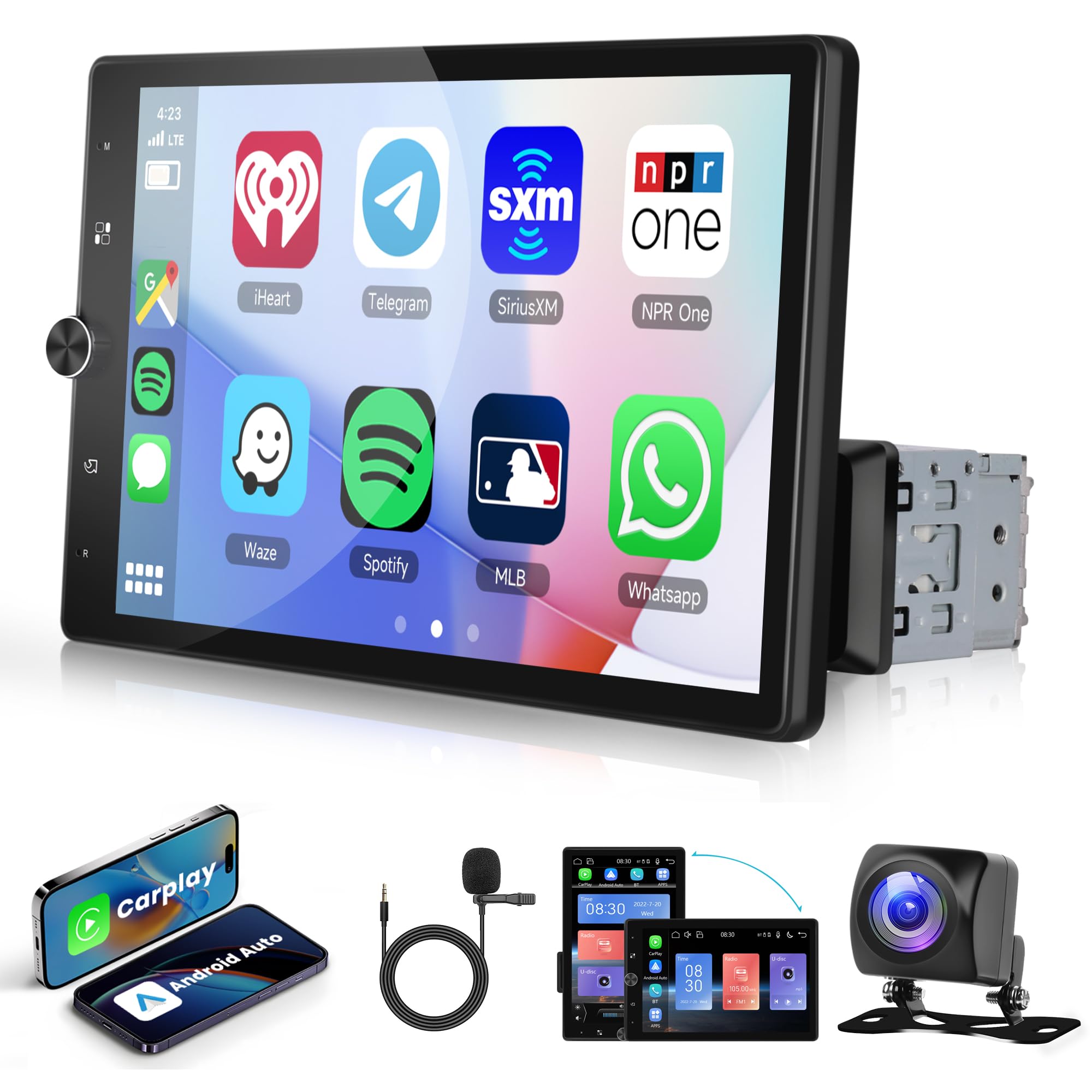 10.4 Inch Single Din Car Stereo with Wireless CarPlay & Android Auto - Vertical Touch Screen Bluetooth FM Radio Head Unit with Backup Camera & Mirror Link | Perfect for Tesla Model 3/Y, Toyota, Honda & More | Easy Installation & Enhanced Driving Experience