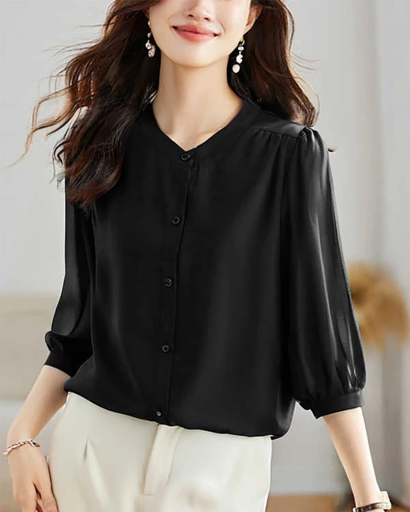 Elegant Round Neck 3/4 Sleeve Silk Blouse for Women - Soft & Breathable Luxury Shirt - Perfect for Office Wear, Date Night & Special Occasions