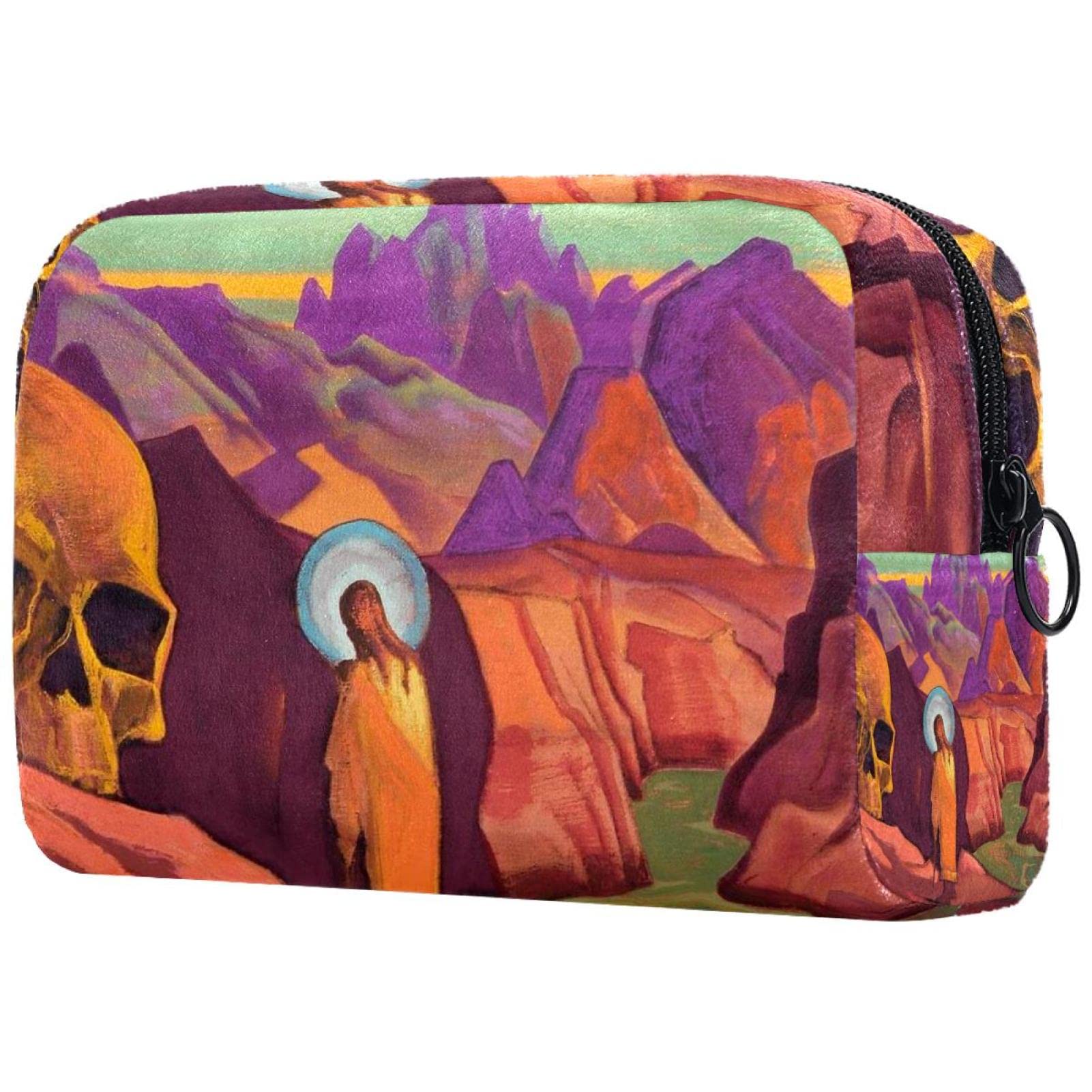 Professional Travel Makeup Bag with Brush Holder - Portable Cosmetic Organizer for Women, Waterproof Makeup Case with Skull & Mountain Design - Perfect for Travel, Gym, and Daily Storage