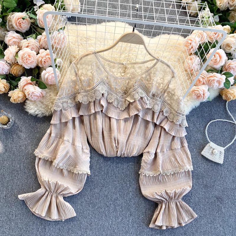 Sheer French Lace Mesh Blouse with Ruffled Puff Sleeves - Elegant Chiffon Top for Women | Perfect for Date Night, Office Wear & Special Occasions