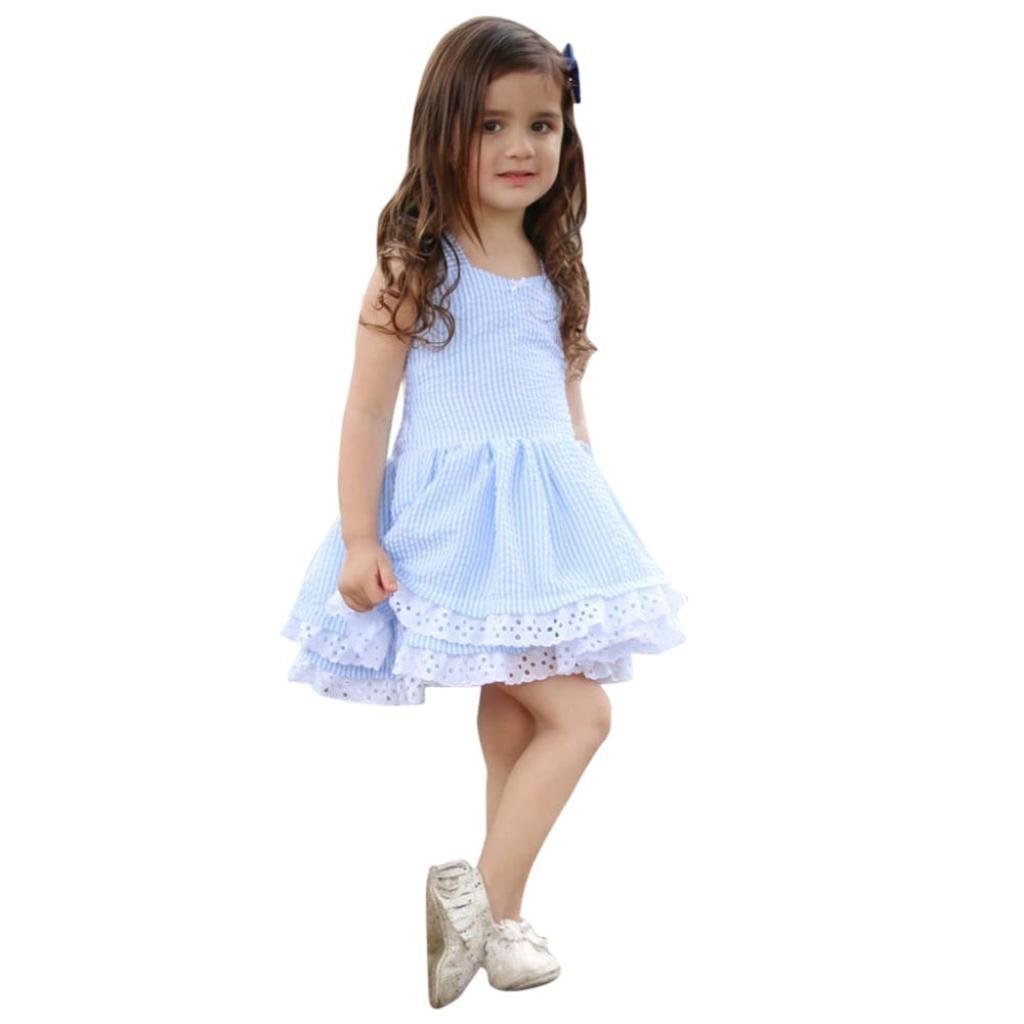 Aniywn Girls' Summer Blue Striped Lace Suspender Party Dress - Elegant Pageant Outfit for Special Occasions, Birthday Parties & Photo Shoots