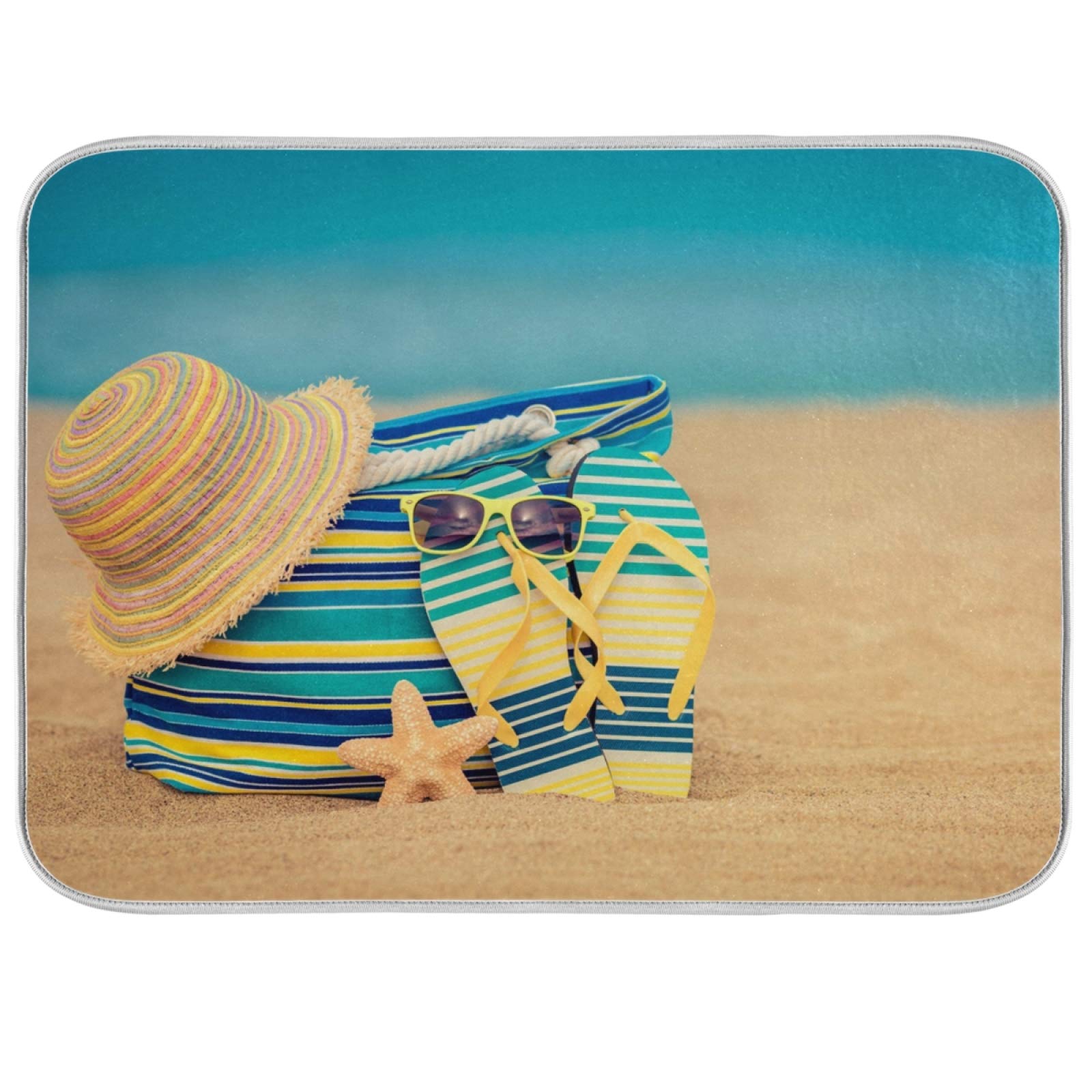 Large Reversible Microfiber Dish Drying Mat 18x24 Inch - Non-Slip Kitchen Counter & Beach Sand Drainer for Dishes, Flip Flops & Starfish - Perfect for Summer Beach House, RV & Outdoor Kitchen Use