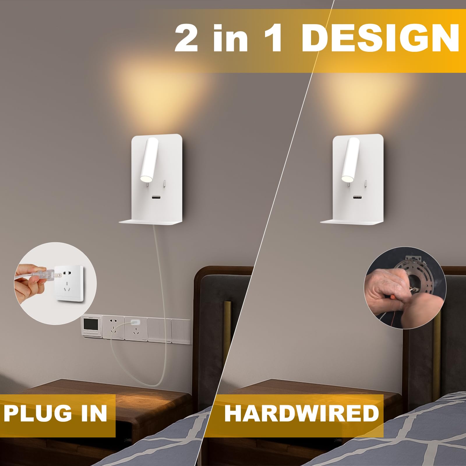 ZEROUNO Plug in Wall Light - LED Bedside Sconce with USB Port & Switch, 3000K Warm White, Wall Mounted Reading Lamp for Bedroom, Living Room, Dorm, Nursery (Easy Installation, Energy Efficient)