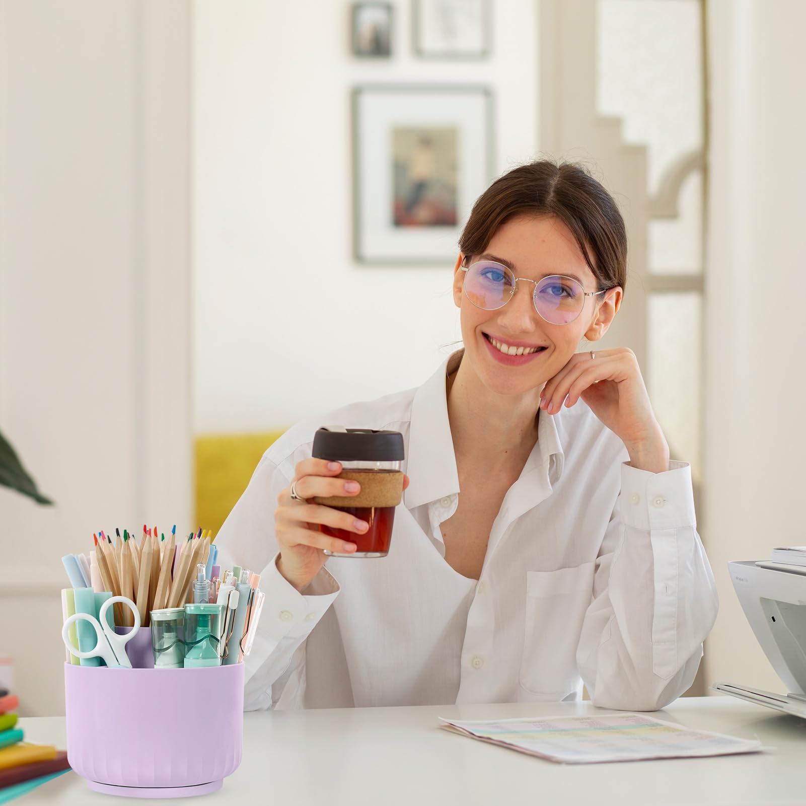 SKYDUE 360 Degree Rotating Desk Organizer - 5-Slot Dual-Purpose Pencil & Pen Holder for Office, School, or Home Use - Perfect for Organizing Stationery, Makeup Brushes, and Utensils (Purple)