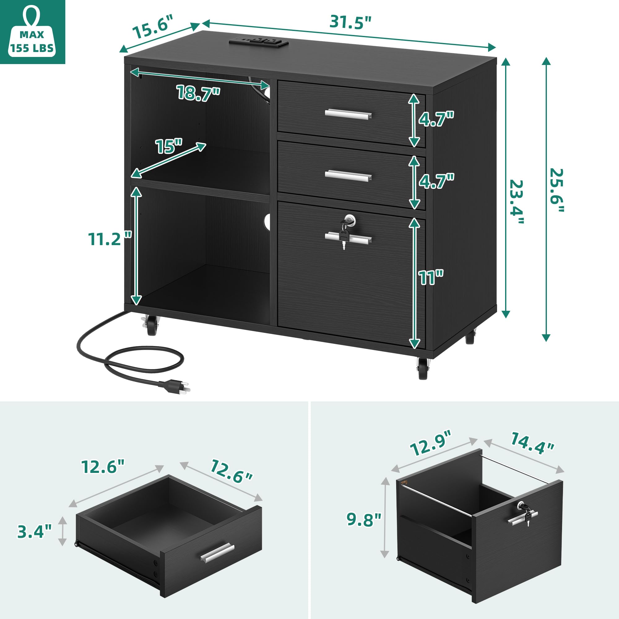 YITAHOME 3-Drawer Wooden File Cabinet with Wheels - Mobile Lateral Storage Cabinet, Printer Stand with Charging Station & LED Light for Home Office Organization - Black - Perfect for Small Spaces, Document Storage and Workspace Organization