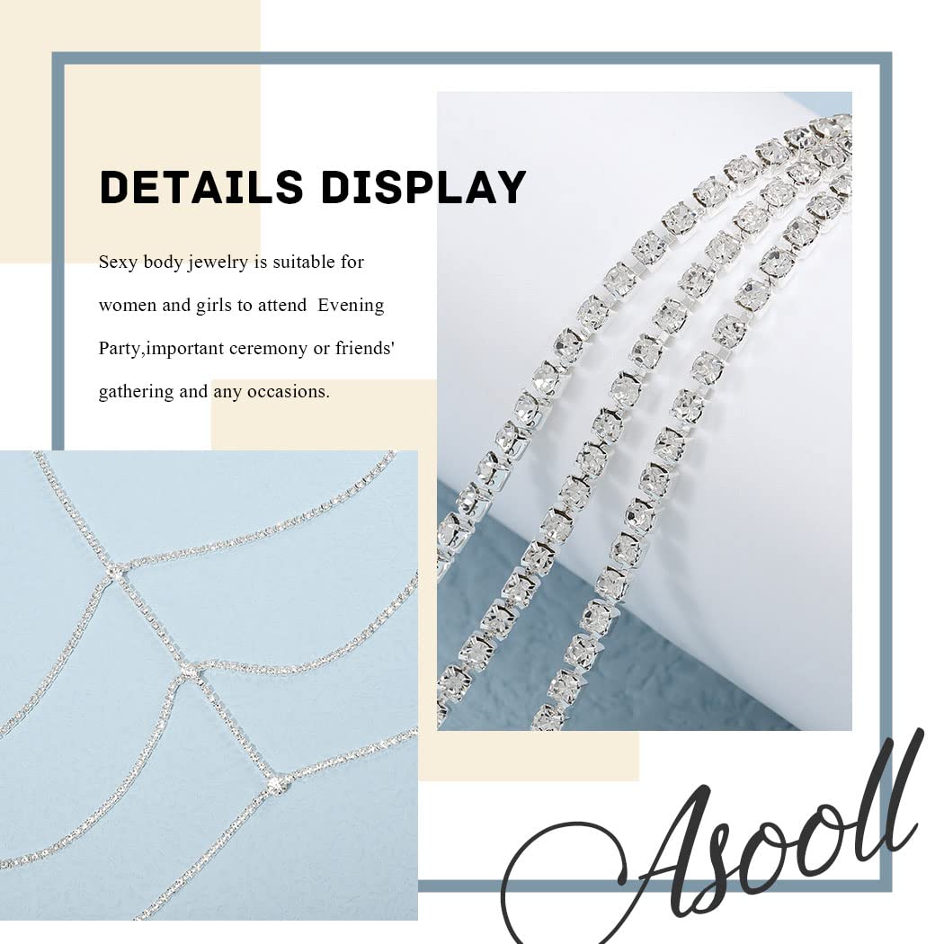 ASOOLL Silver Crystal Body Chain - Layered Rhinestone Chest Jewelry for Women & Girls | Perfect for Beach, Bikini, Club, Prom, Party & Rave Outfits