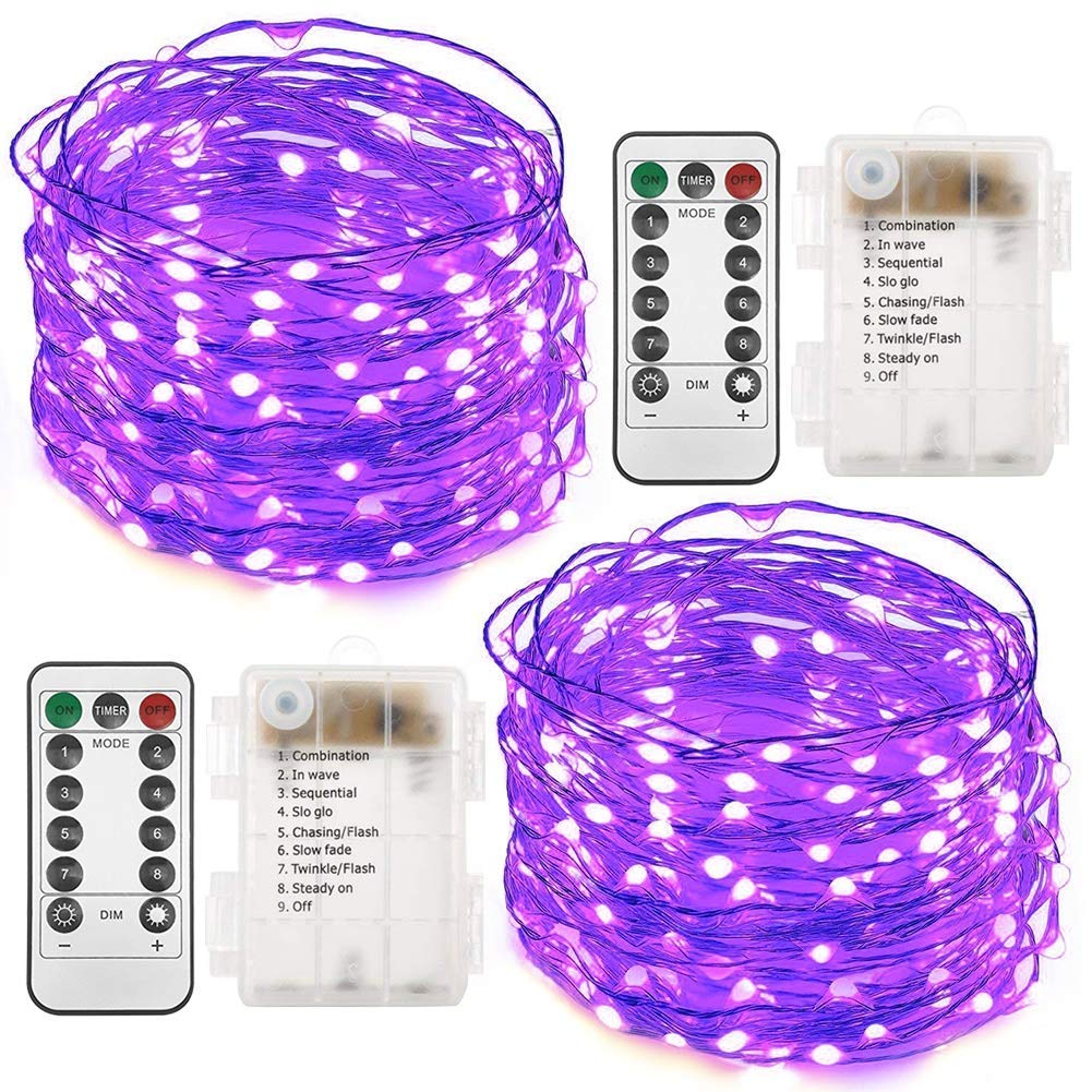 Twinkle Star 2 Pack 33ft 100 LED Battery Operated String Lights with Remote & Timer - 8 Lighting Modes, Purple Fairy Lights for Halloween, Garden Party, Indoor Decor, Bedroom, Wedding, Christmas Tree & Outdoor Landscape Lighting