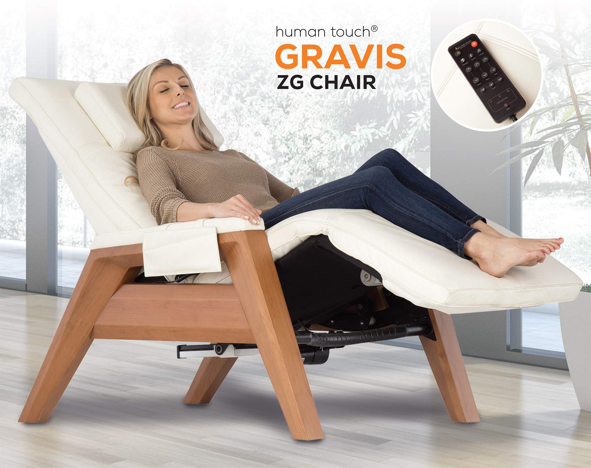 Human Touch Gravis ZG Zero Gravity Leather Massage Chair with Air Massage & Heat Therapy - Premium Beech Wood Frame & Genuine Bone Leather - Perfect for Home, Office & Relaxation Spaces