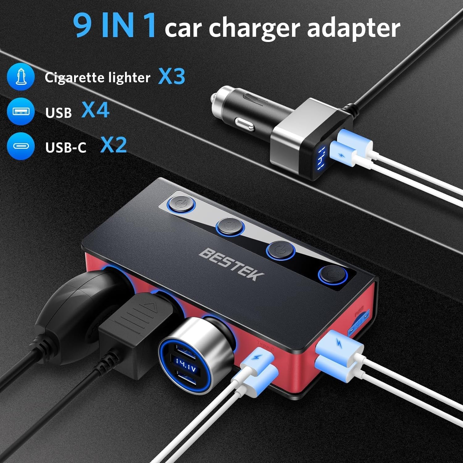 BESTEK 3 Outlet Car Charger Adapter with 6 USB Ports (USB-C PD & QC3.0) - 180W 12V/24V Cigarette Lighter Power Inverter with LED Display for iPhone, Dash Cam, GPS - Perfect for Road Trips & Travel (Red)
