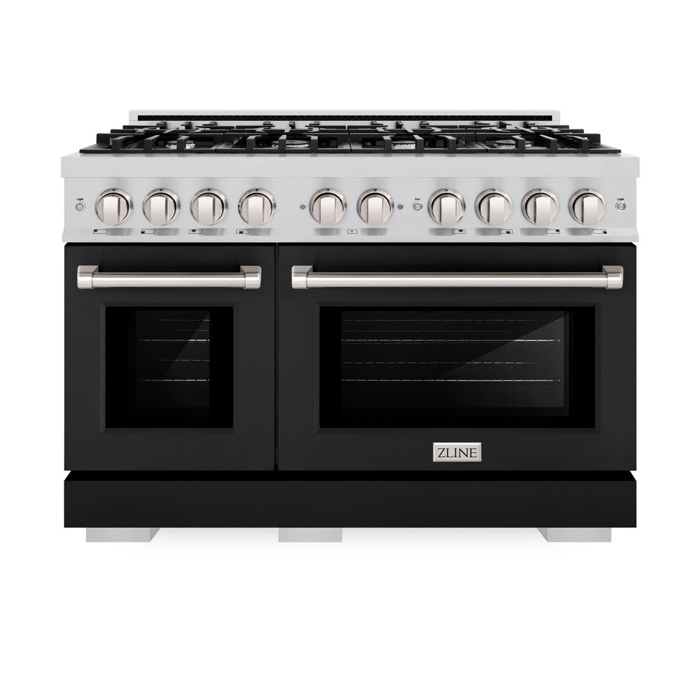 ZLINE 48 Inch 6.7 Cu. Ft. Professional Double Oven Gas Range with 8 Burner Cooktop - Stainless Steel with Black Matte Doors (HGR BLM 48) - Perfect for Large Family Kitchens & Gourmet Cooking