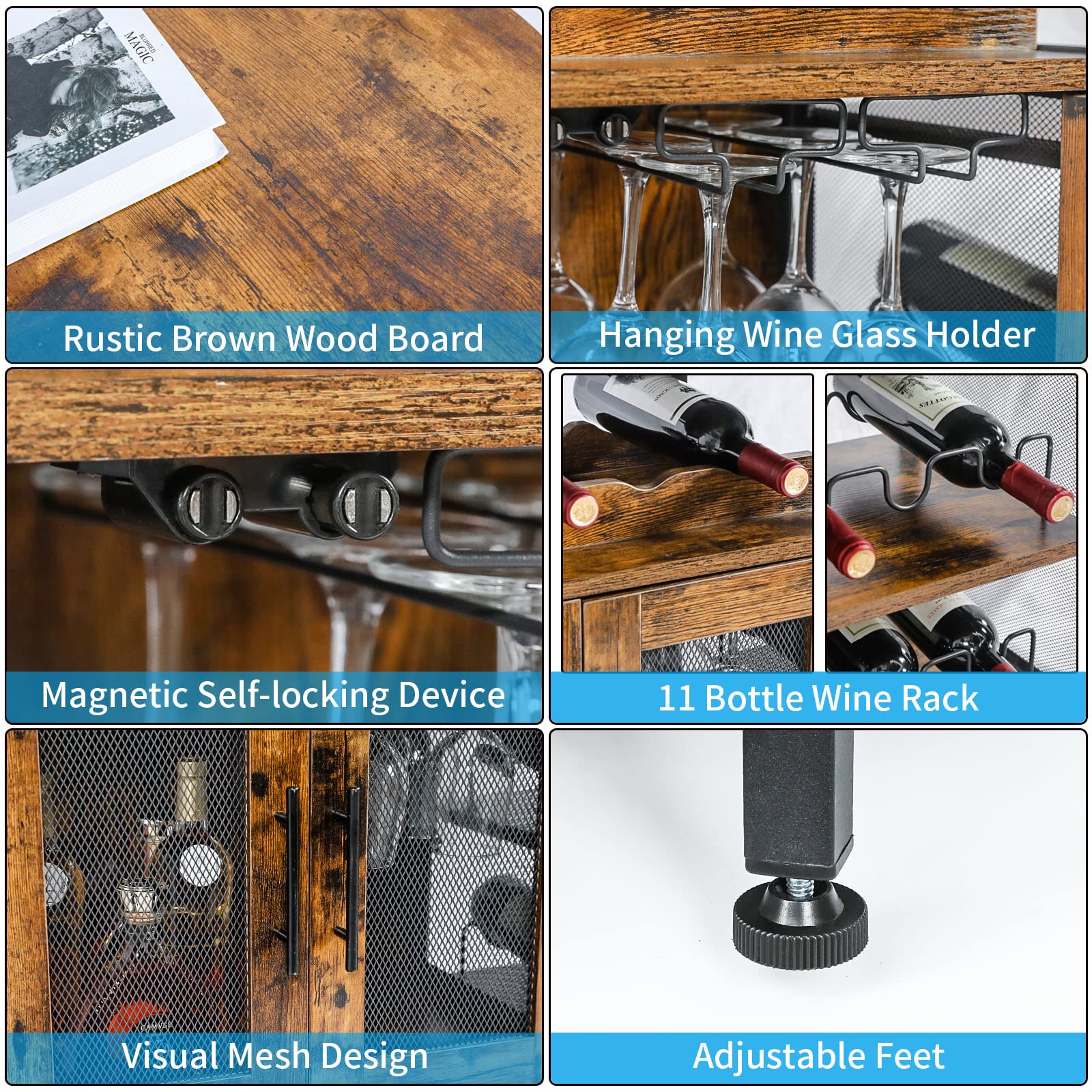 Rustic Brown X-cosrack Wine Bar Cabinet with Detachable Wine Rack & Glass Holder - Coffee Bar Sideboard with Mesh Door for Dining Room, Kitchen or Living Room Storage